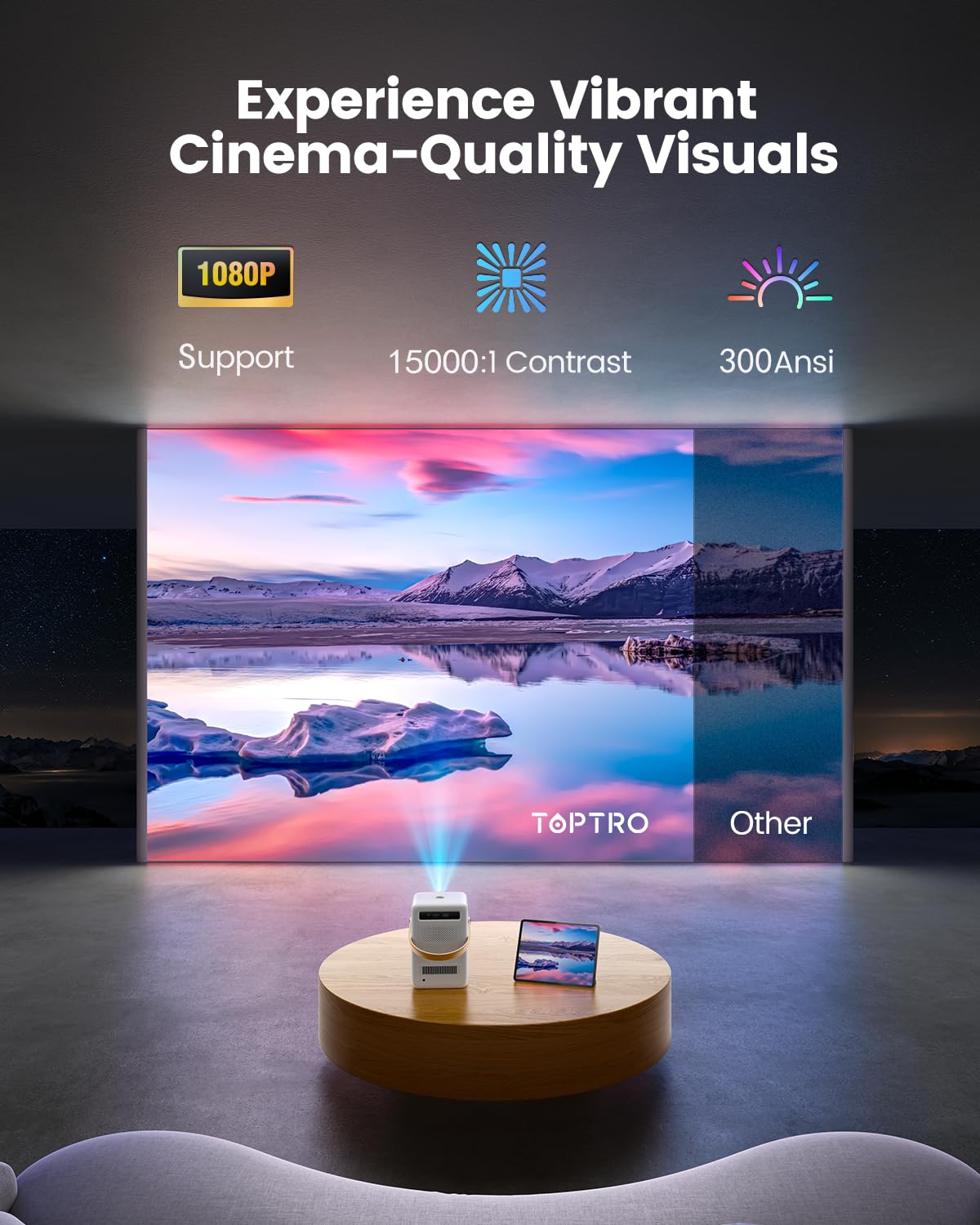 TOPTRO Smart Mini Projector with Built-in Battery, WiFi & Bluetooth - 1080P HD Portable Movie Projector with Auto Focus & Keystone | Perfect for Outdoor Movies, Home Theater, and Business Presentations - Compatible with Phones & TV Sticks