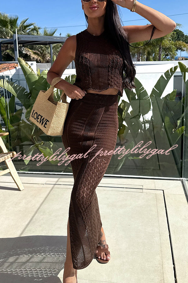 Stylish Solid Color Sleeveless Hollow Knit Crop Top & Elastic Slit Slim Midi Skirt Set - Summer Outfit for Women | Perfect for Beach, Party & Casual Wear