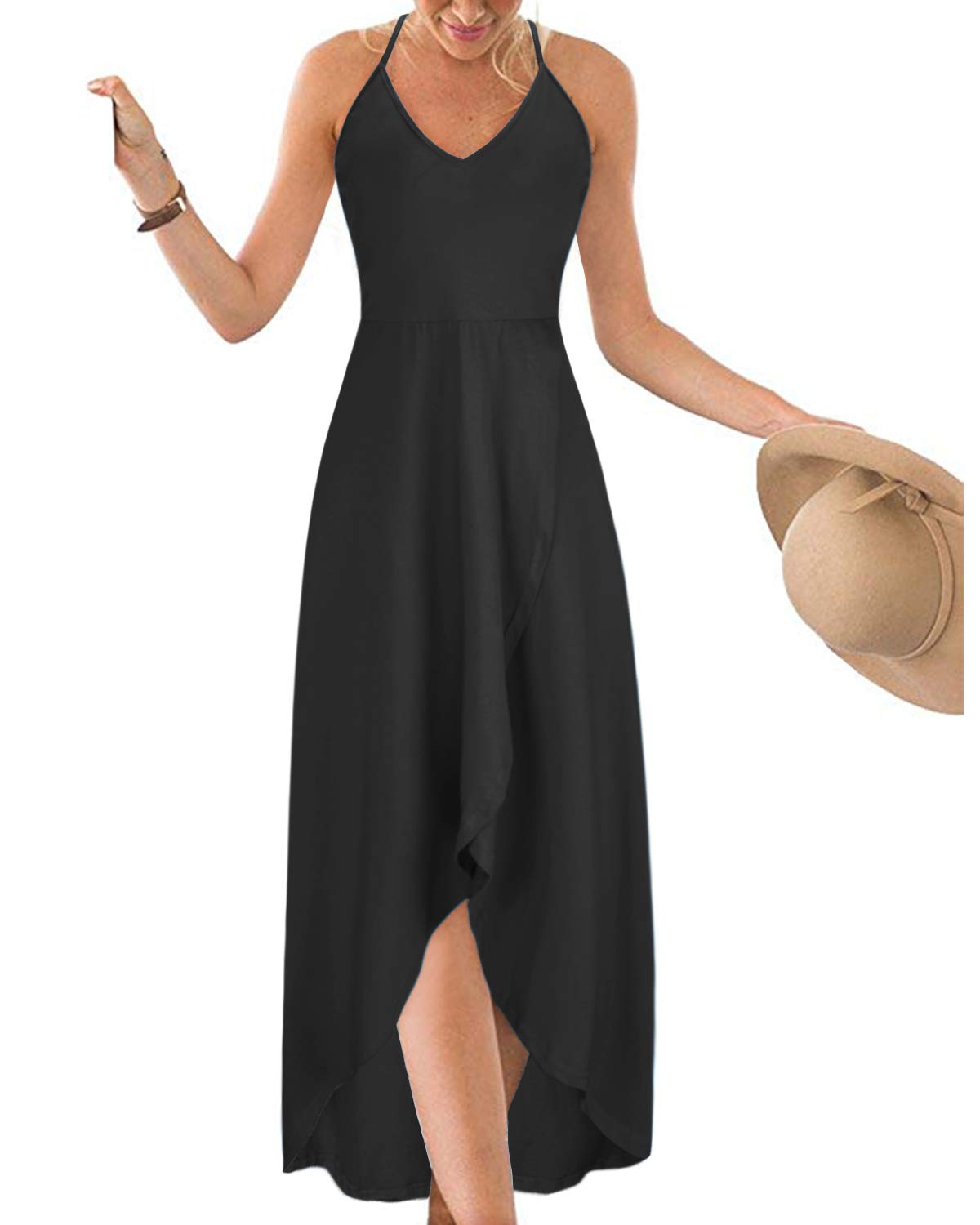 KILIG Women's V Neck Sleeveless Floral Maxi Dress - Asymmetrical Patchwork Summer Sundress for Beach, Vacation & Casual Wear