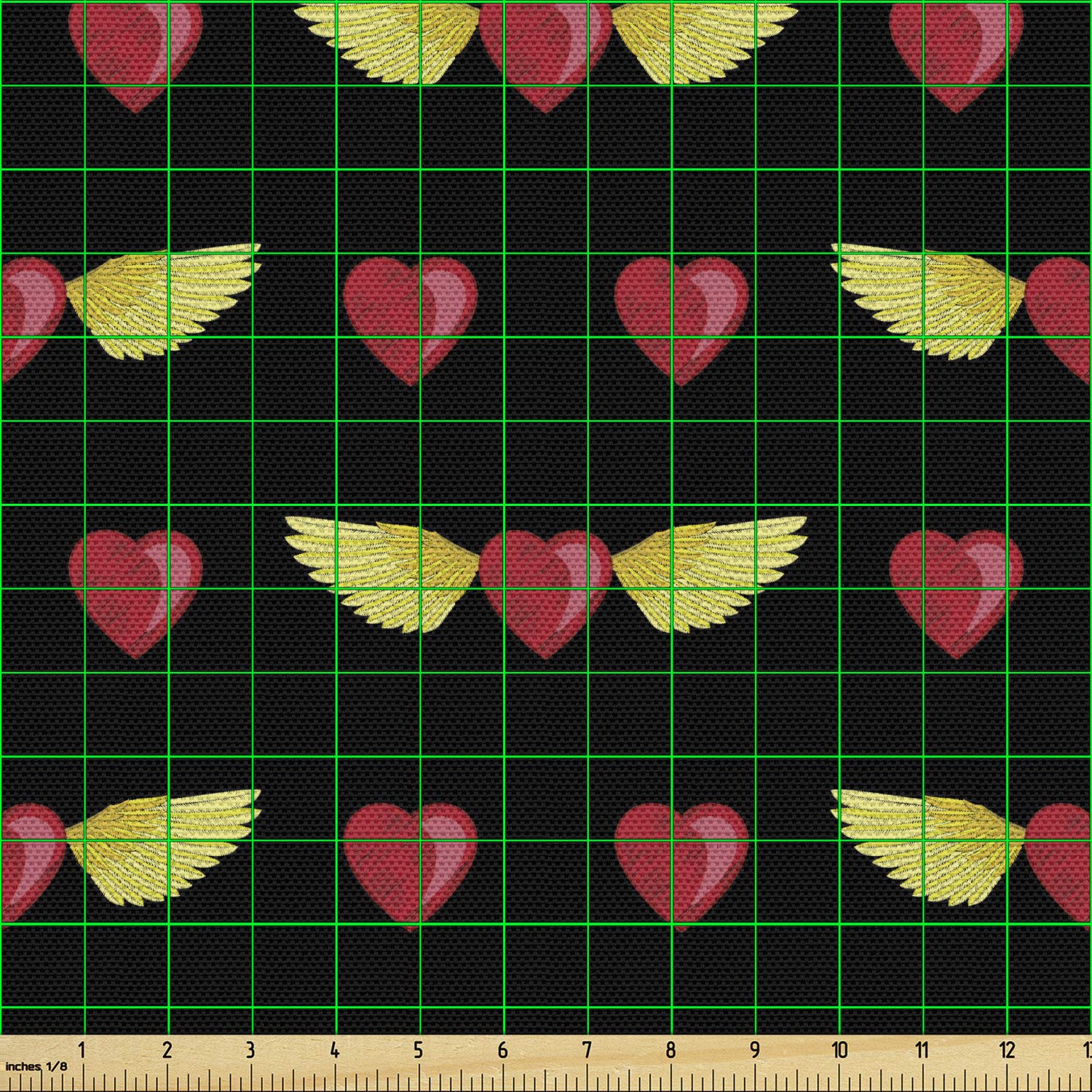Ambesonne Angel Wings Fabric by The Yard - Romantic Hearts & Flying Couple Design for Upholstery, Curtains, Pillows | 10 Yards Yellow Ruby Black Fabric for Home Decor, Wedding Decorations & DIY Crafts