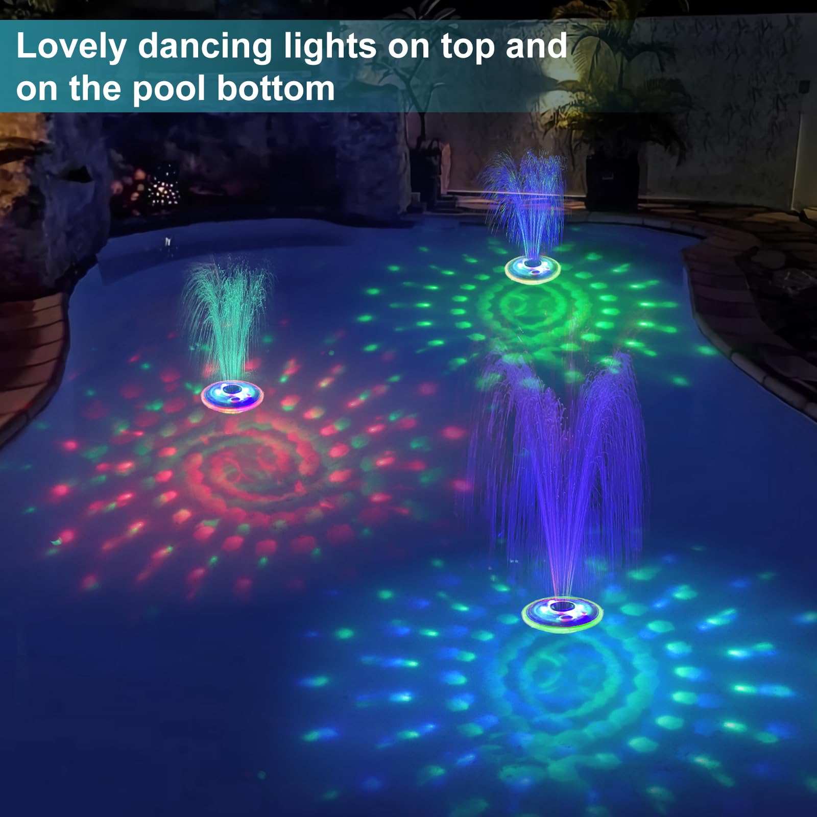 Rechargeable Battery Powered Floating Pool Fountain with LED Underwater Light Show - 2 Spray Modes Waterfall Pump for Inground/Above Ground Pools & Garden Ponds - Perfect for Backyard Decor, Water Aeration and Relaxation
