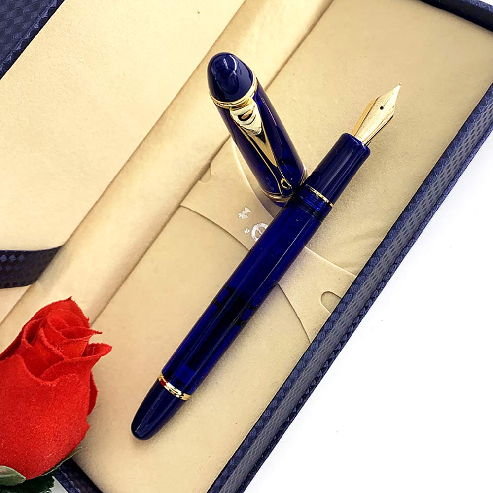 14K Fine Nib Fountain Pen - Blue Translucent Acrylic for Writing & Calligraphy