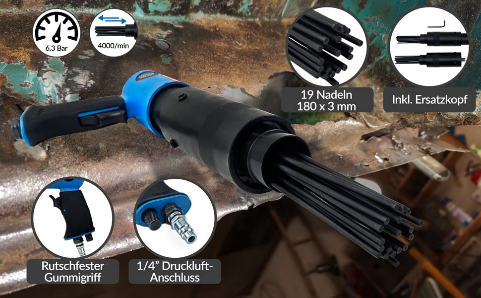 MONZANA® Pneumatic Needle Scaler 4,000 RPM 260 L/min Air Chisel Hammer for Rust & Paint Removal - Includes Replacement Head - Ideal for Automotive, Metalworking & Surface Prep