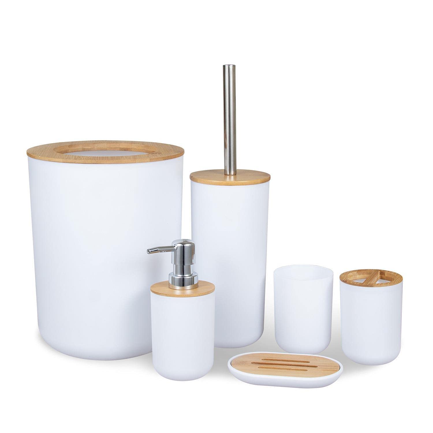 Premium 6-Piece Bathroom Accessories Set - Toothbrush Holder, Soap Dispenser, Soap Dish, Cup, Toilet Brush & Trash Can - Modern White Bathroom Organizer for Home, Hotel, Apartment & Dorm | Space-Saving & Hygienic Storage Solution