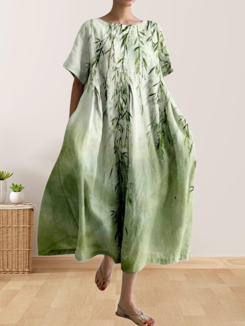Boho Floral Cotton Linen Maxi Dress for Women - Oversized Loose Flowy Summer Dress with Pockets - Casual Beach Dress, Vacation Outfit, Plus Size 3XL in Green
