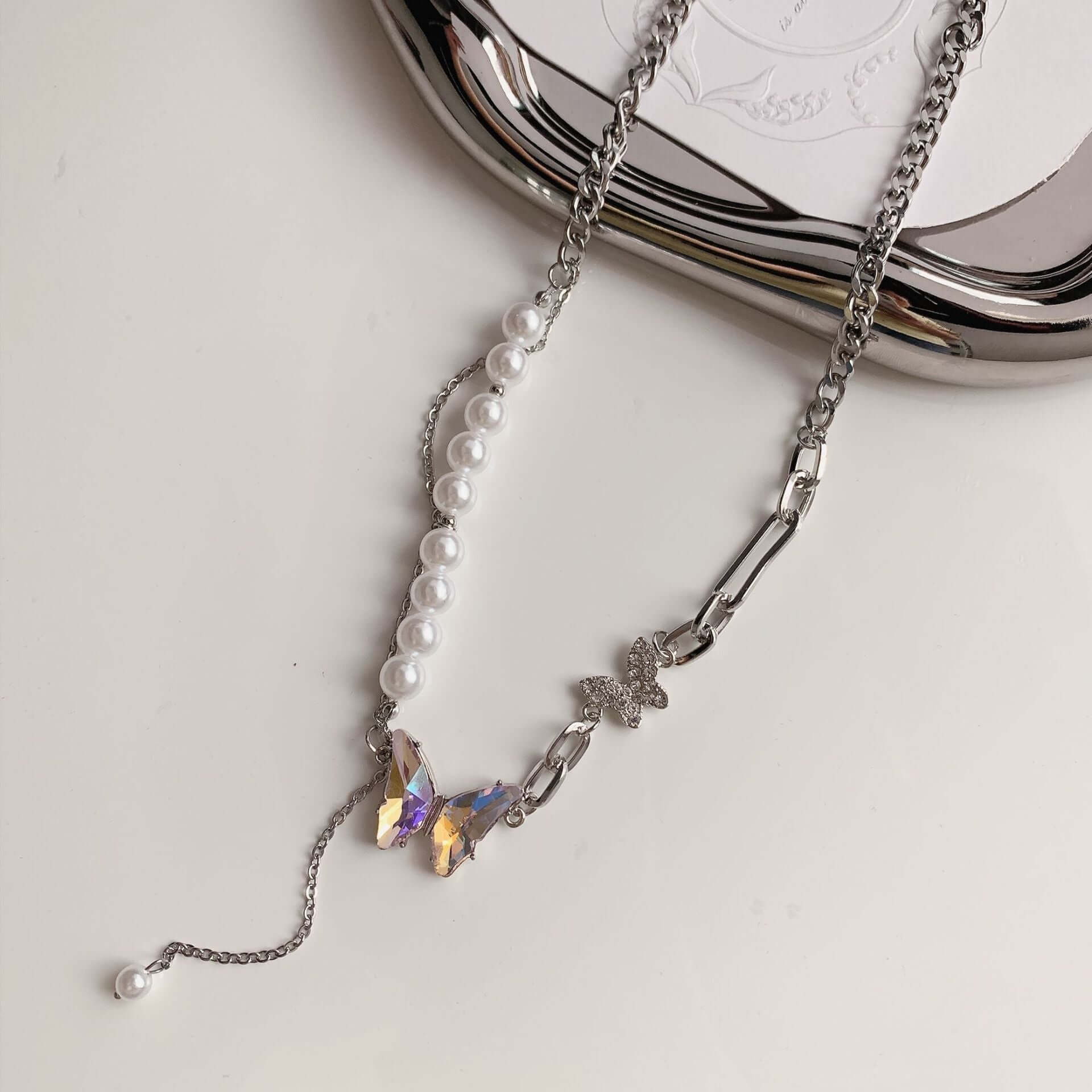 Chunky Pearl Bead Butterfly Half Chain Tassel Necklace for Women | Elegant Boho Jewelry Gift | Perfect for Parties, Weddings & Date Nights | HN2348