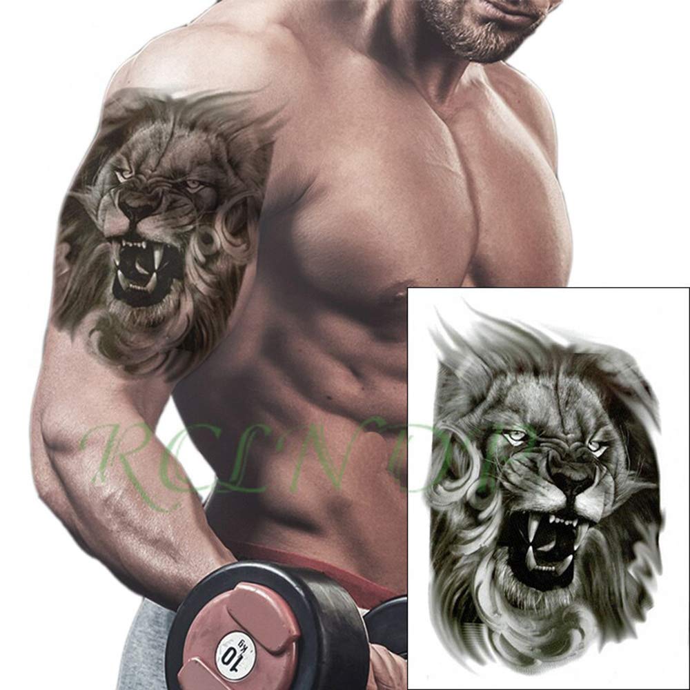3D Temporary Tattoo Angry Roaring Lion Face Design - 21x15CM Large Fake Tattoo Sticker (1PC, Multi Color) for Halloween Costume, Cosplay & Body Art Parties