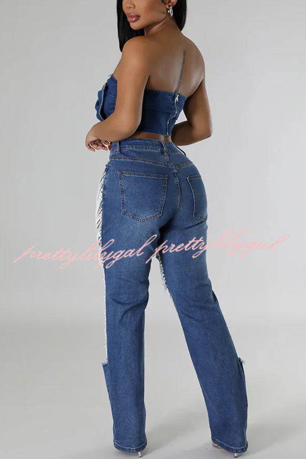 Fashionable Multi-Layered Pearl Chain Ripped Pocket Straight Leg Jeans for Women | Trendy High Waist Denim Pants for Casual Outfits & Streetwear