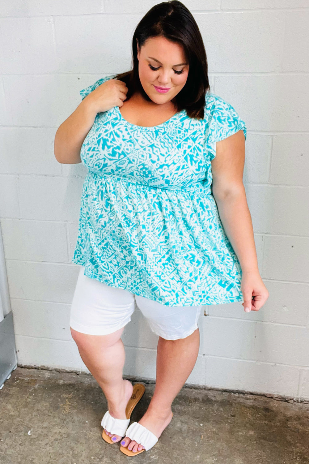 Aqua Blue Boho Print Ruffle Short Sleeve Babydoll Top - Flowy Summer Blouse for Beach, Music Festivals & Casual Outings
