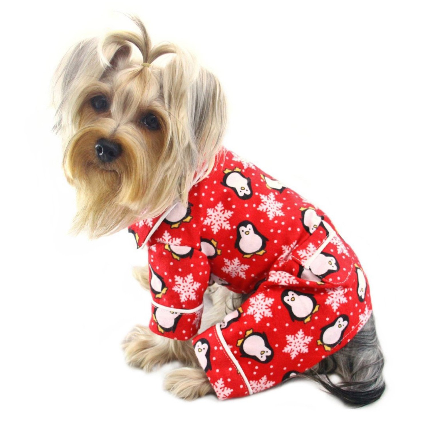 Klippo Dog & Puppy Flannel Pajamas - Penguins & Snowflake Print, Red Bodysuit Coverall Romper Jumper Loungewear for Small Dogs - Perfect for Winter Nights & Holiday Photos