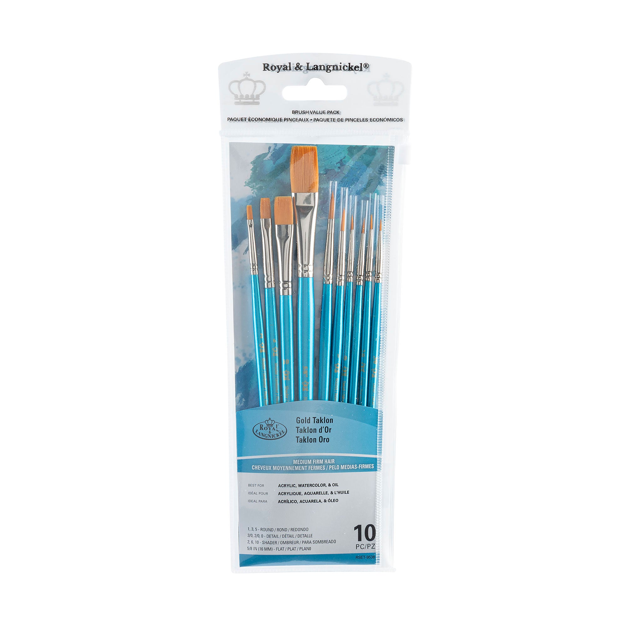 10 Pack Professional Gold Taklon Paint Brushes - Flat & Round Tip for Acrylic, Watercolor & Oil Painting - Perfect for Artists, Beginners & DIY Craft Projects