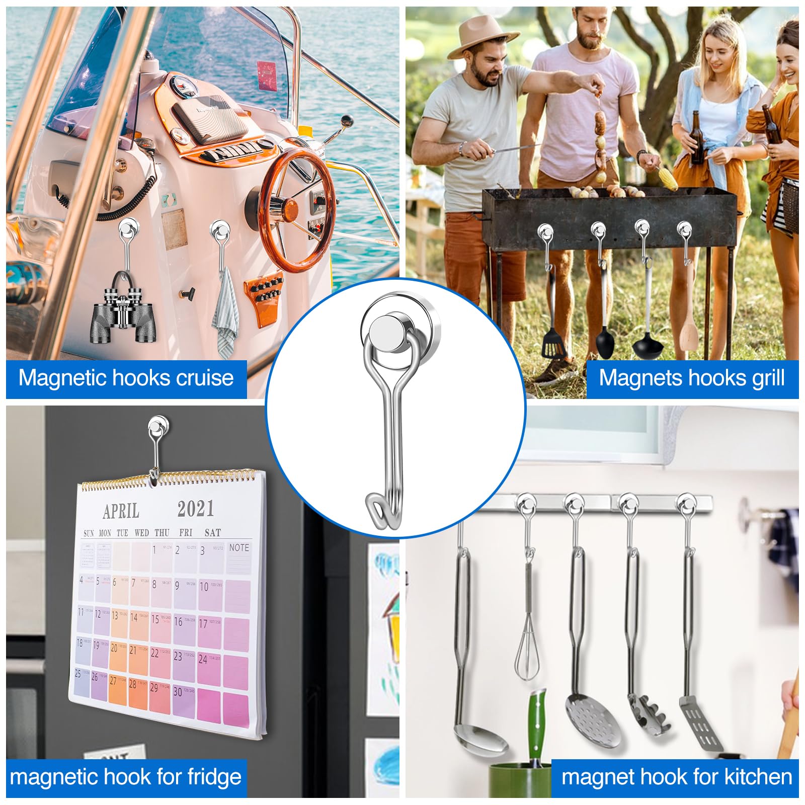 LOVIMAG 6-Pack Magnetic Hooks - Heavy Duty for Garage, Fridge & Travel