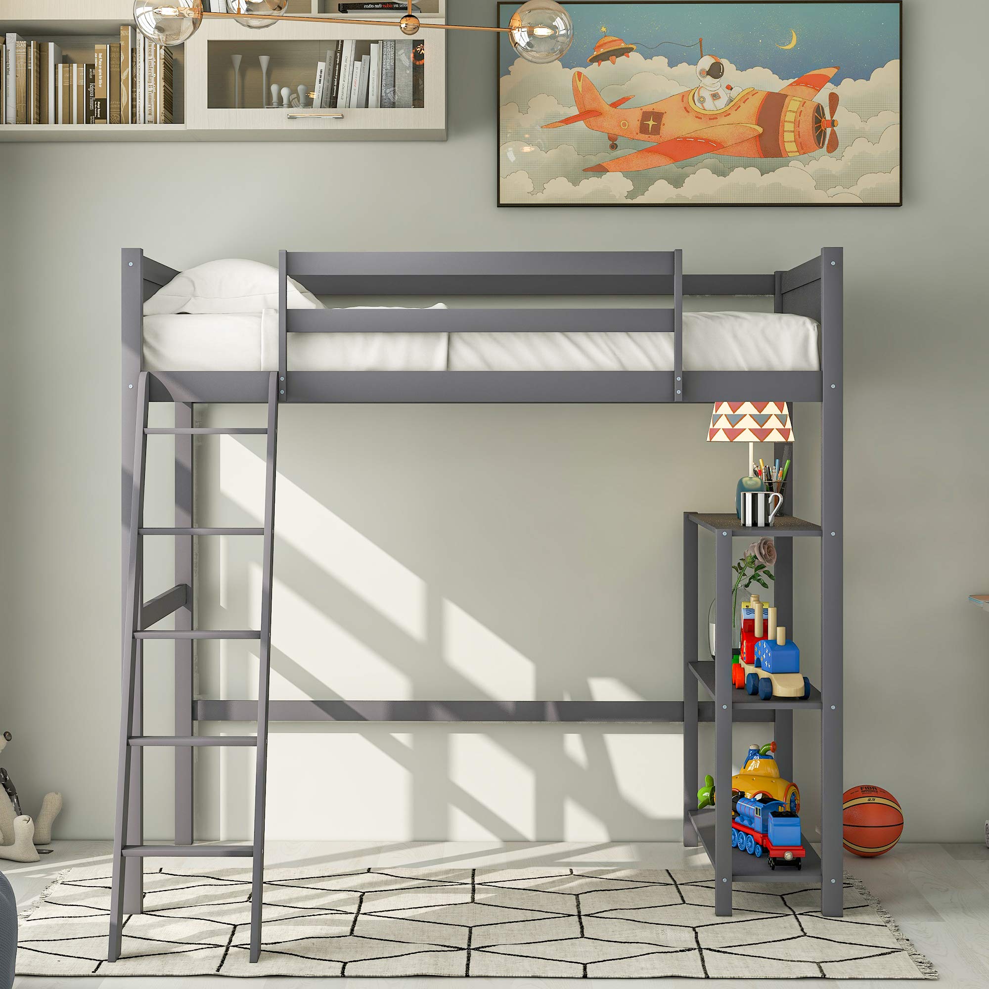 Kids Wooden Twin Loft Bed Frame with Storage Shelves & Angled Ladder - No Box Spring Needed, Space-Saving Gray Loft Bed for Small Rooms, Dorm, or Apartment - Perfect for Sleep, Study & Play