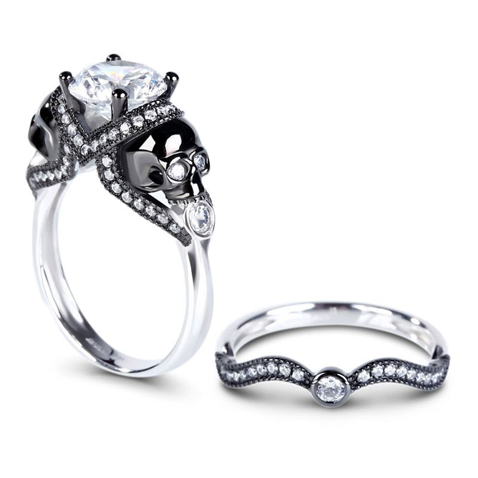 Jeulia 4.97 Carat Twist Skull Ring for Women - Sterling Silver Two Tone Round Cut Band with White Diamonds - Gothic Bridal, Engagement & Promise Ring Set in Jewelry Gift Box - Perfect for Halloween, Gothic Weddings & Alternative Fashion