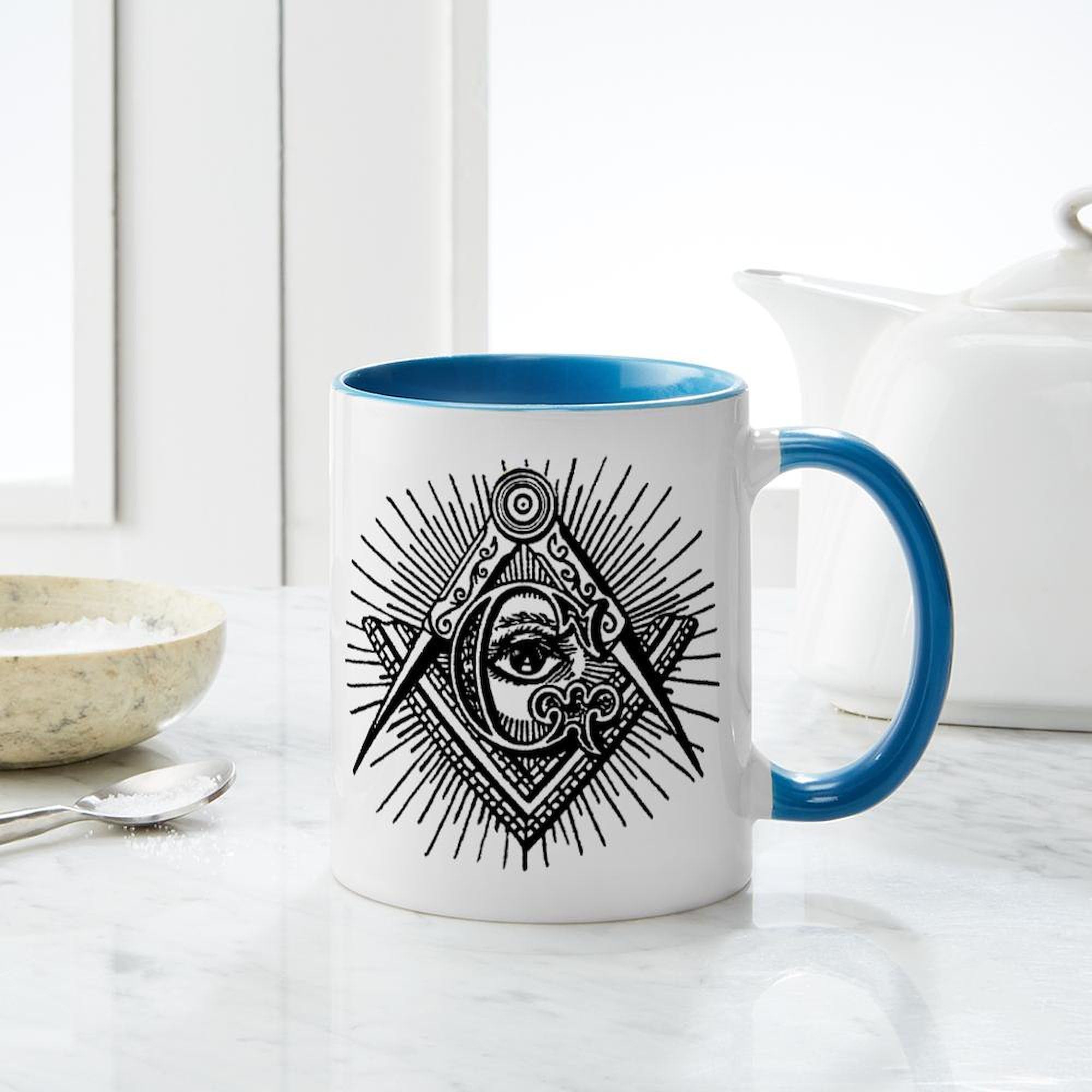 Masonic Eye Left-Handed Ceramic Coffee Mug - 11 oz (325 ml) - Unique Freemason Design - Perfect for Tea, Hot Chocolate & Office Use