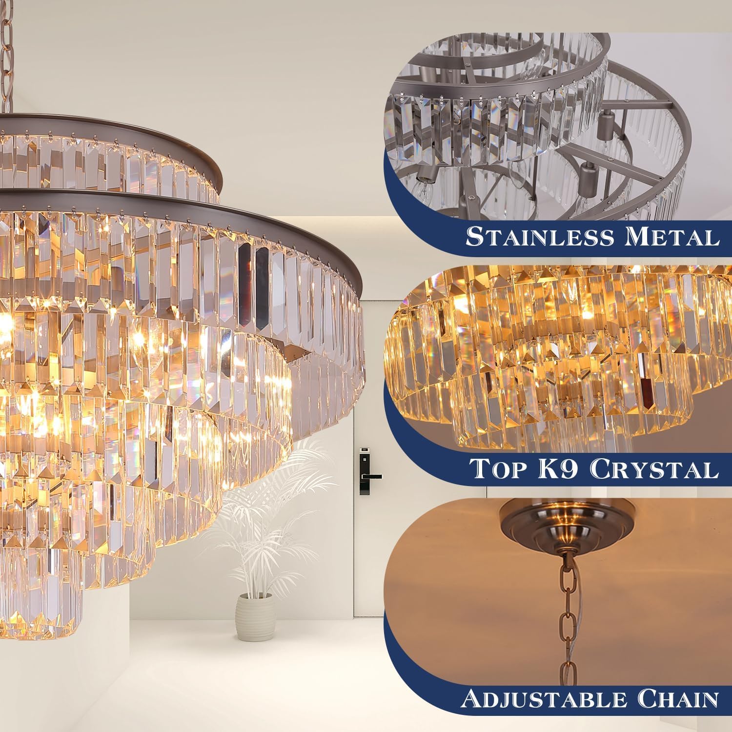 Modern Round Crystal Chandelier - 7-Tier 17-Lights Nickel Finish for Dining Room, Living Room, Bedroom & Entryway - Elegant Lighting Fixture for Home Decor & Wedding Venues