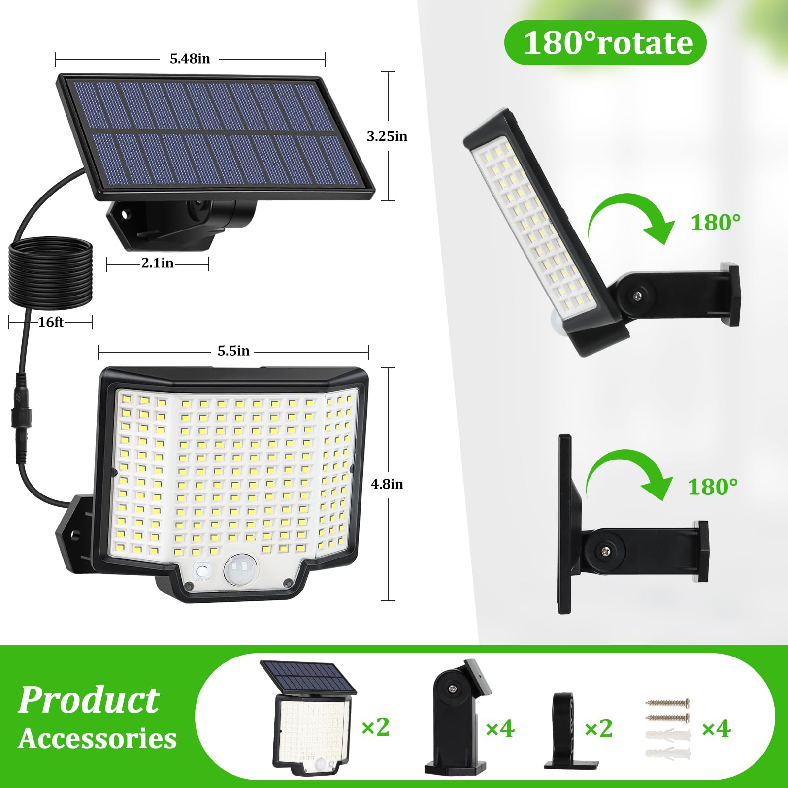 166 LED Solar Powered Outdoor Lights Waterproof with Motion Sensor - 3 Modes, Split Design with Extension Wires - Perfect for Yard, Garden, Garage Security Lighting (2-Pack) - Ideal for Pathway Illumination, Backyard Safety & Nighttime Visibility