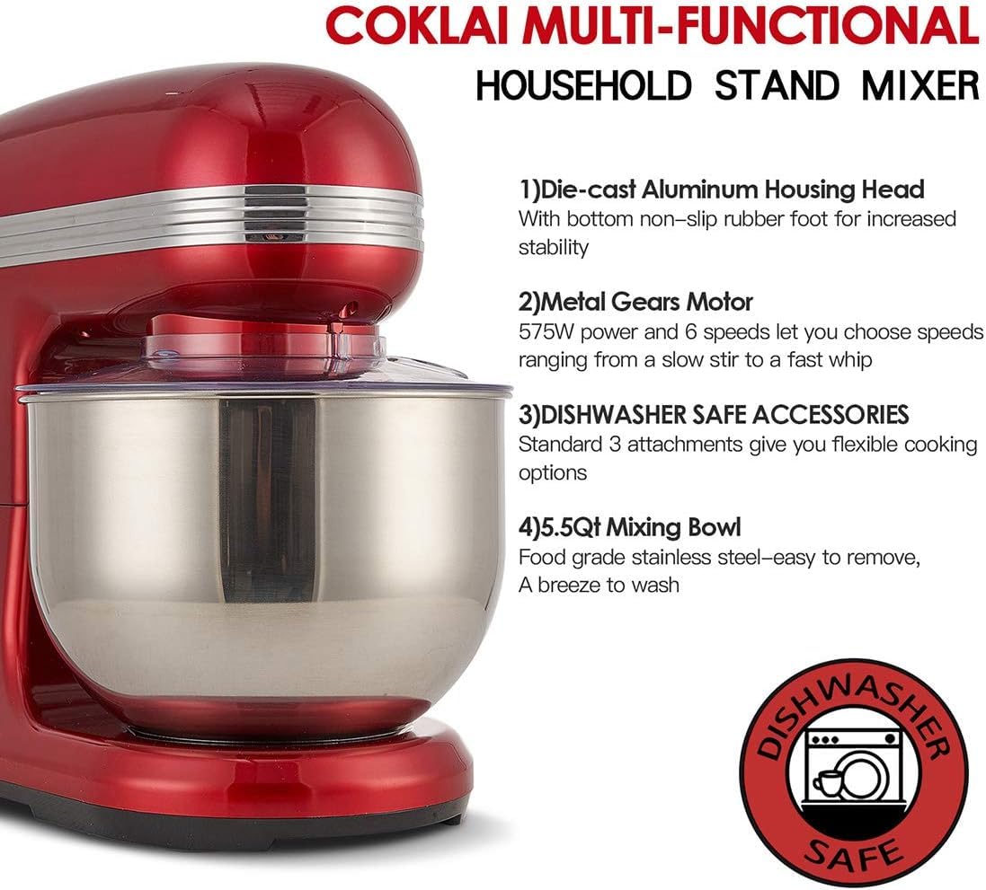 COKLAI 6-Speed Stand Mixer with Stainless Steel Bowl - Tilt-Head Electric Kitchen Mixer for Baking - Includes Wire Whisk, Dough Hook & Flat Beater - Perfect for Cakes, Cookies, Bread & Pastry Dough