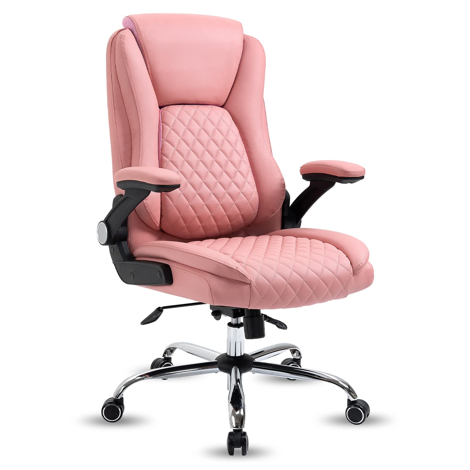 KERMS Ergonomic PU Leather Office Chair with Lumbar Support & Flip-Up Armrests - Modern Executive Desk Chair for Home & Office (Pink) | Perfect for Long Work Hours, Gaming & Remote Work