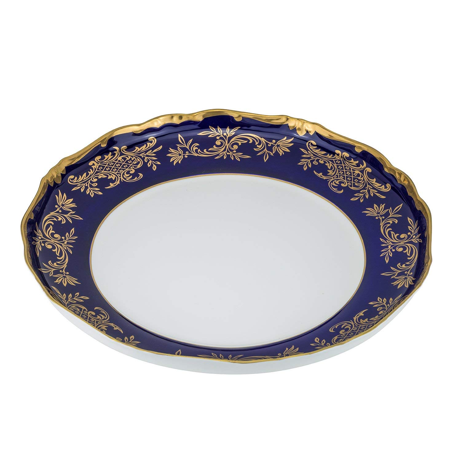 Royalty Porcelain Blue Round Serving Platter with 24K Gold Tiny Flowers - 16 Inch Elegant Dinnerware for Fine Dining & Entertaining