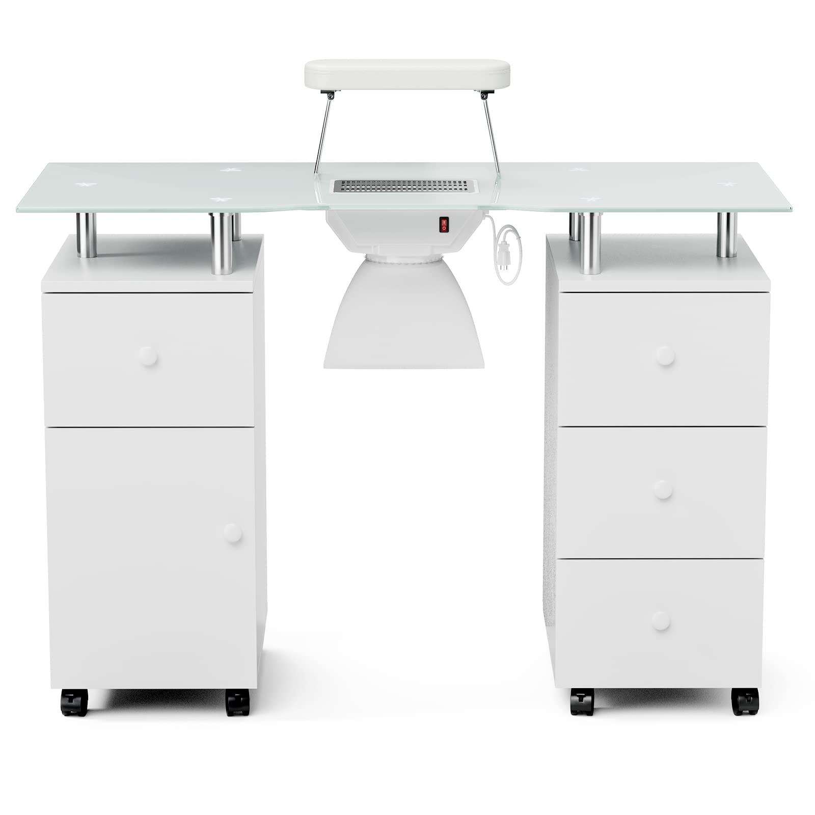 Paddie Professional Manicure Table with Tempered Glass Top, Foldable Armrest, Lockable Wheels & Storage Drawers - White | Portable Nail Salon Station for Home & Professional Use