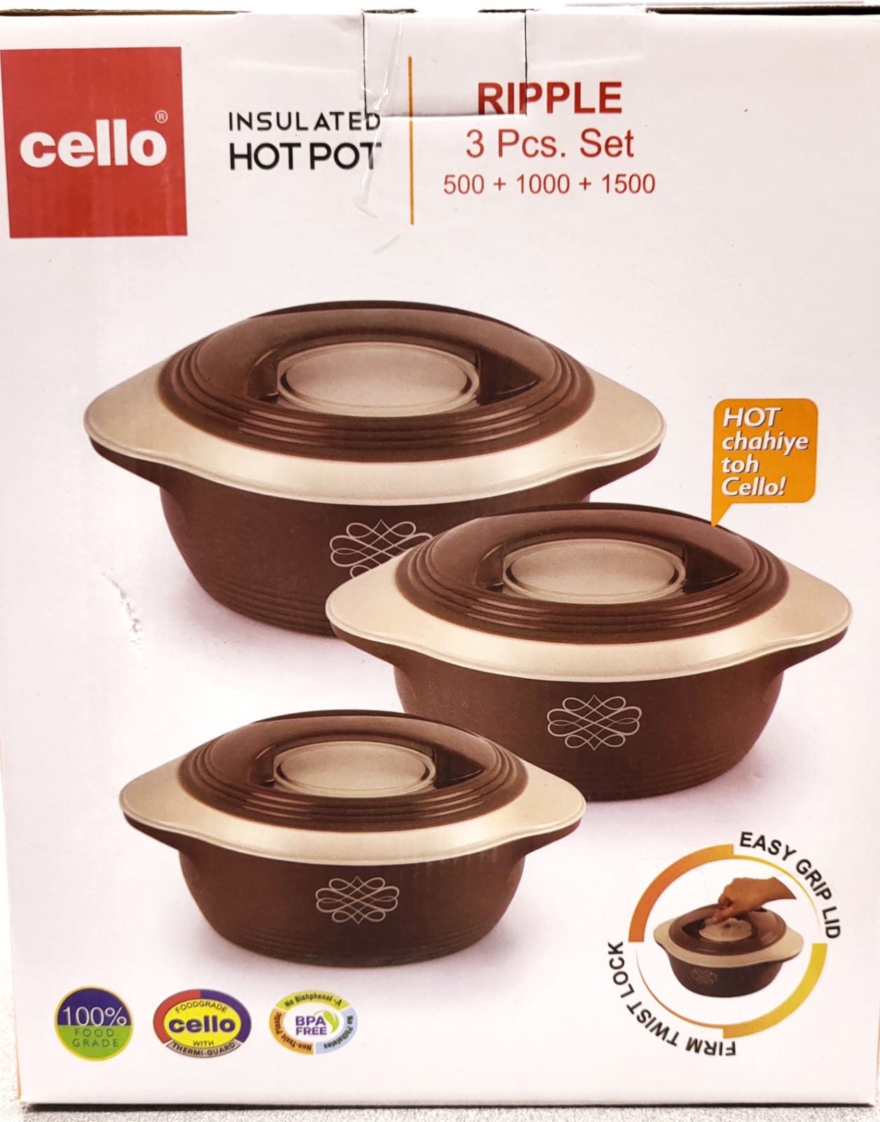 Premium Cello Ripple Insulated Hotpot Set - 3-Piece Thermoware Casserole (500ml, 1000ml, 1500ml) for Soup, Stew & Meal Prep - Perfect for Camping, Picnics & Family Dinners