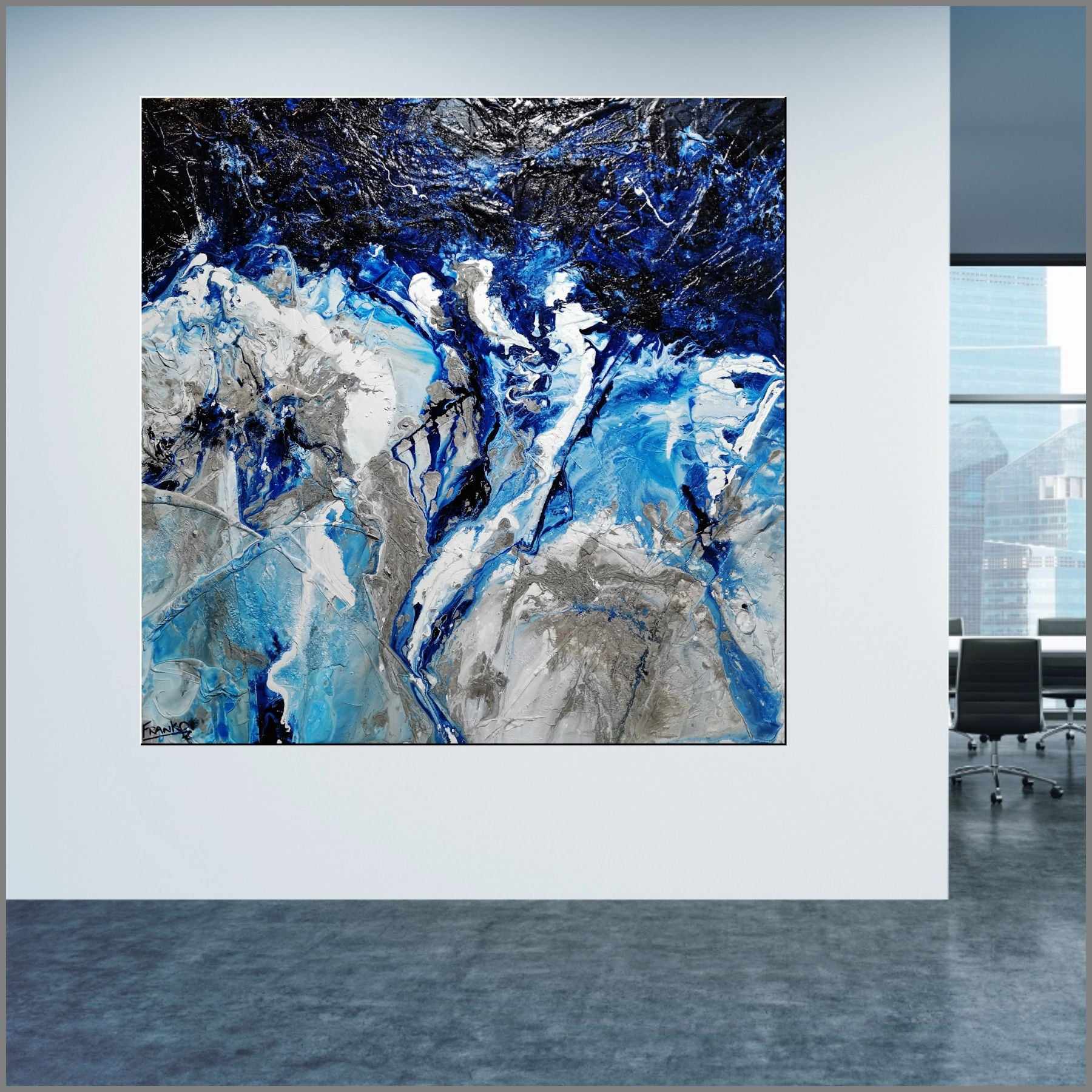 150cm x 150cm Blue Textured Abstract Ocean Painting - Modern Coastal Wall Art for Living Room, Bedroom & Office Decor
