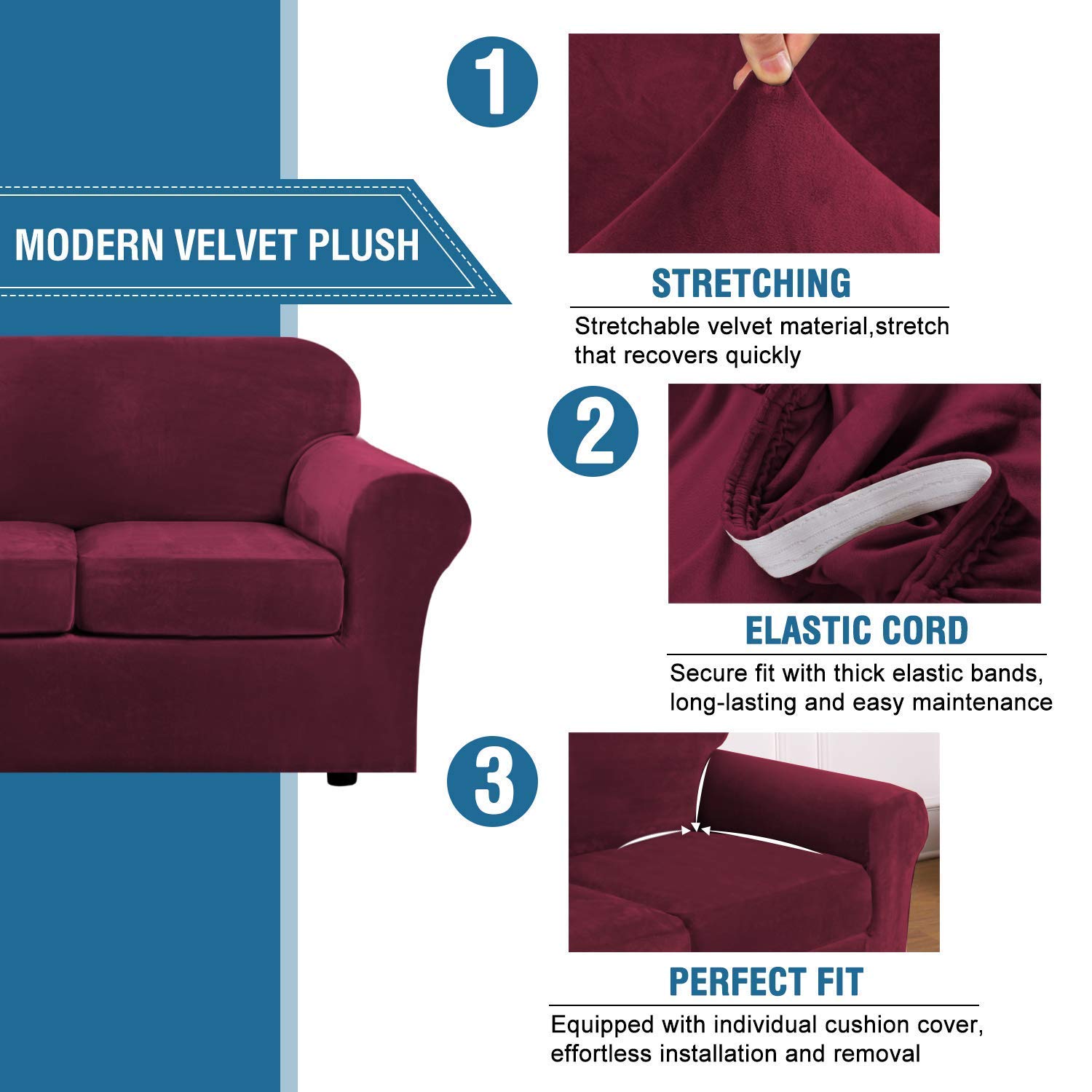 H.VERSAILTEX Velvet Stretch Sofa Covers Set - 3 Cushion Couch, 2 Cushion Loveseat & Armchair Slipcovers (Burgundy) | Soft Protective Furniture Covers for Living Room, Bedroom & Home Decor