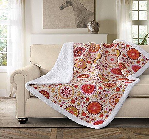 Virah Bella Debra Valencia Quilt Throw Blanket - Soft Sherpa Backing, Orange & Yellow Floral Design - Cozy for Bed, Sofa & Winter Nights
