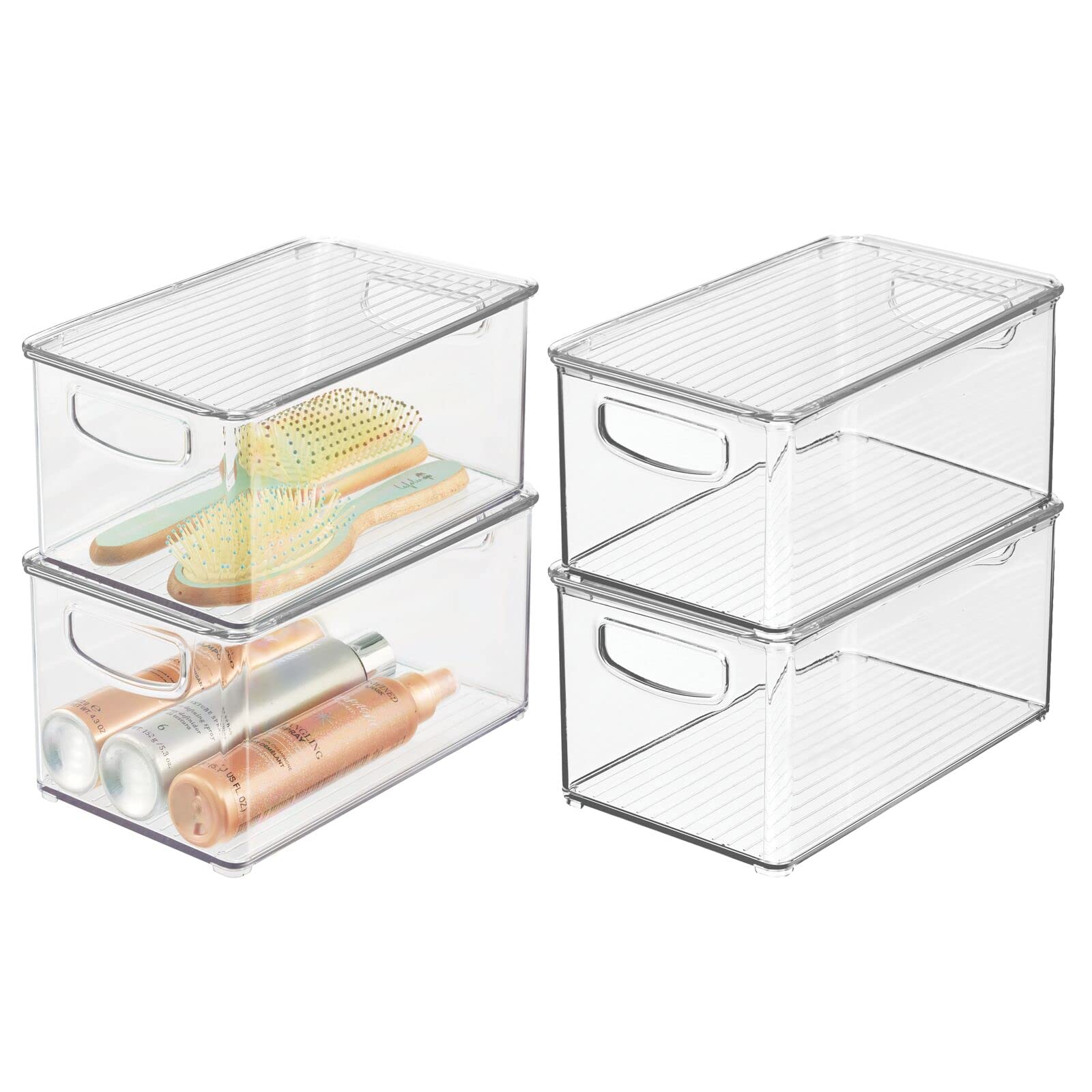 mDesign Clear Plastic Bathroom Storage Bins with Lids - 4 Pack, Deep Organizer Box for Makeup, Hair Tools & Toiletries - Cabinet & Shelf Storage Solution for Bathroom Organization (Ligne Collection) - Perfect for Vanity, Shower Caddy & Closet Storage