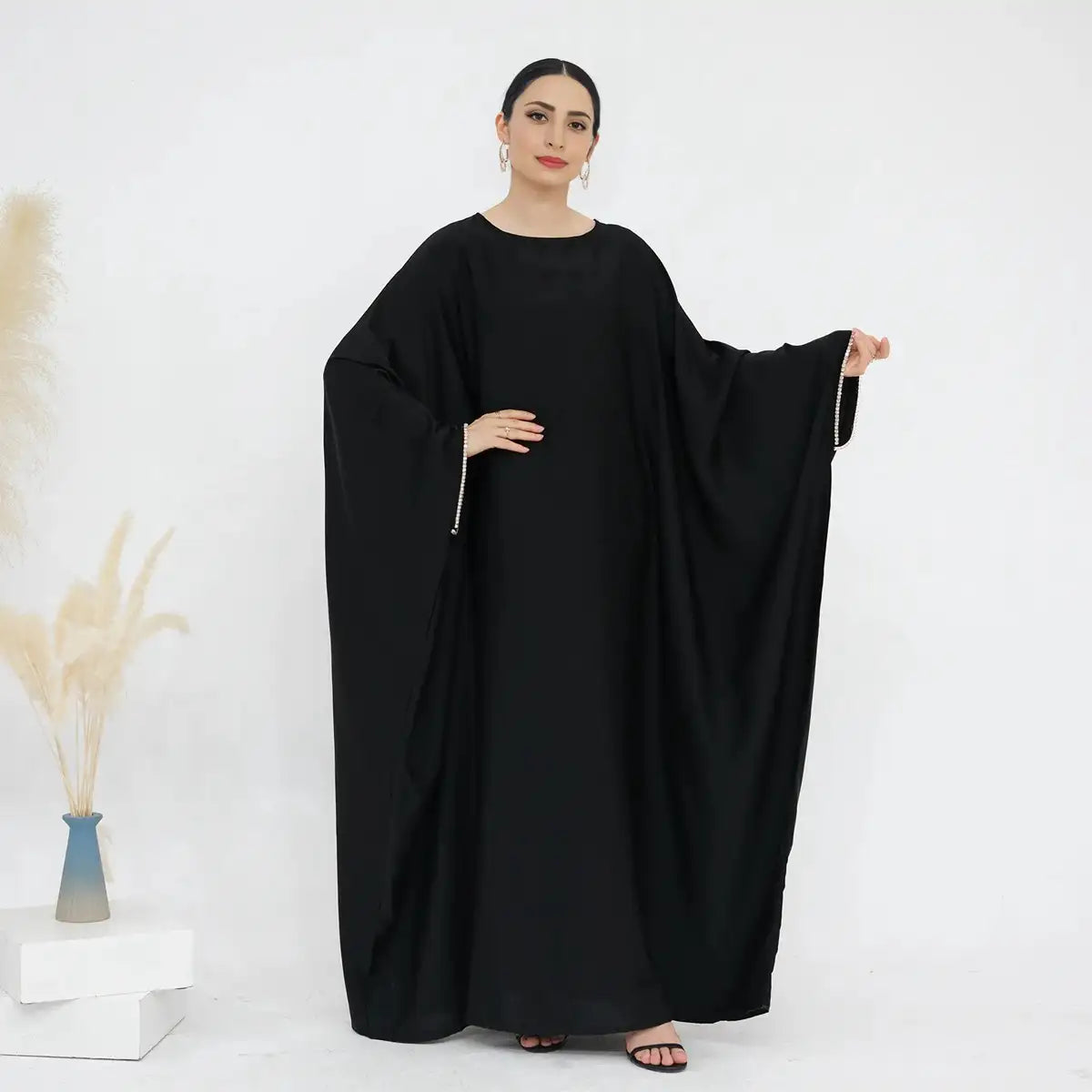 Elegant Beaded Batwing Sleeve Satin Farasha Abaya Dress for Women | Modest Islamic Evening Gown | Perfect for Weddings, Eid Celebrations & Special Occasions