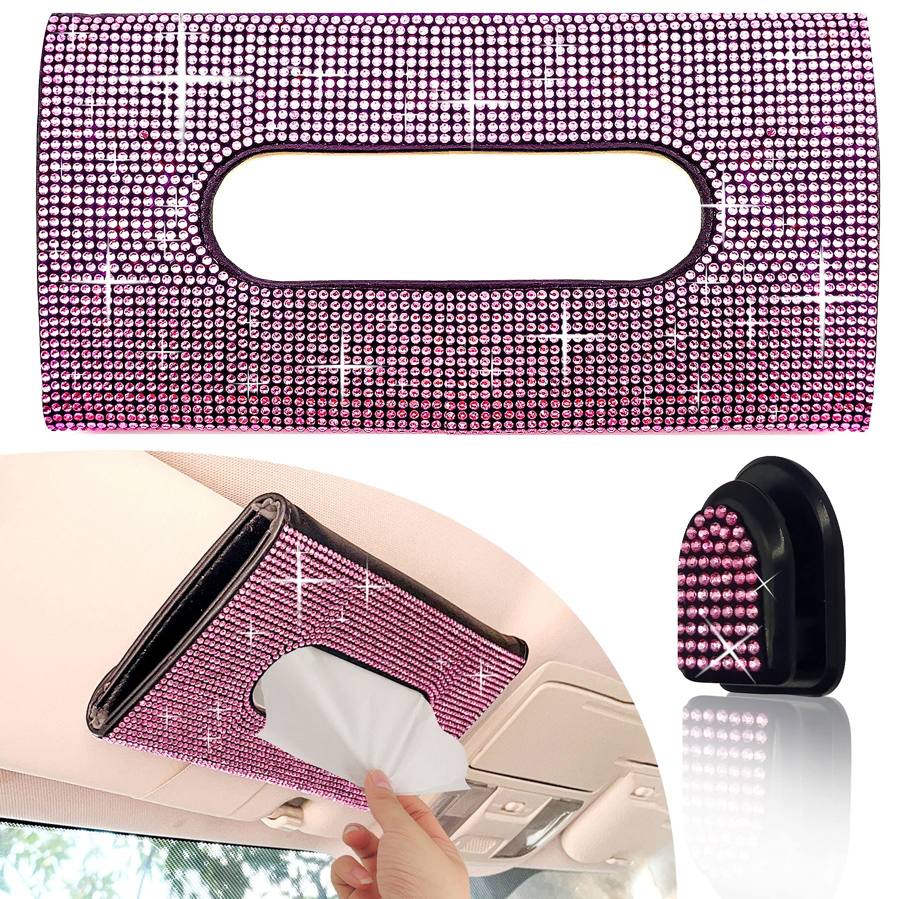 Sparkly Crystal PU Leather Car Sun Visor Tissue Box Holder - Bling Car Accessories for Women | Hanging Napkin Case for Tesla, BMW, Mercedes | Perfect for Road Trips & Daily Commute (Pink)