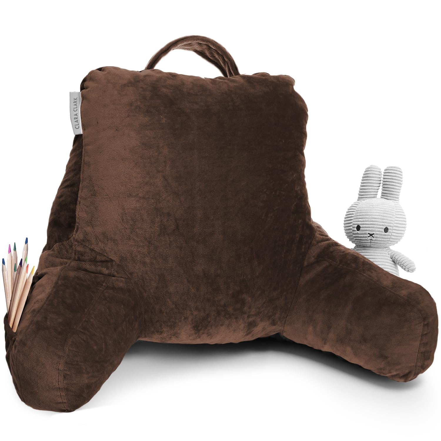Clara Clark Kids Reading Pillow with Memory Foam Support - Small Backrest for Sitting in Bed, Gaming & Reading - Chocolate Brown Pillow with Arms & Pockets - Perfect for Bedtime Stories, Gaming & Relaxation