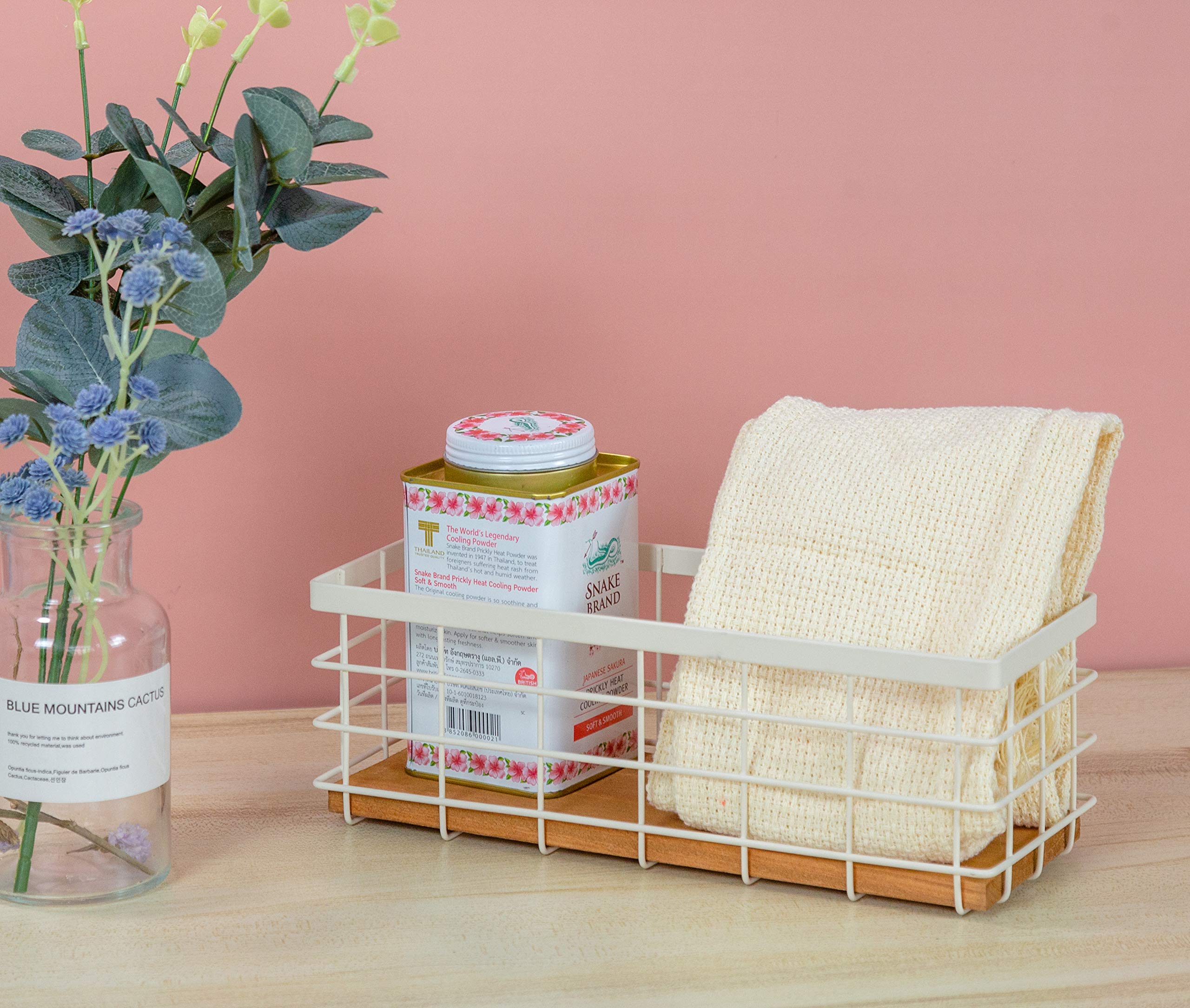 TIEYIPIN Small Metal Wire Storage Basket with Detachable Wood Base - Organizer Bin for Kitchen, Bathroom, Pantry, Garage & Laundry Room - Cream White | Perfect for Organizing Spices, Toiletries, Cleaning Supplies & More