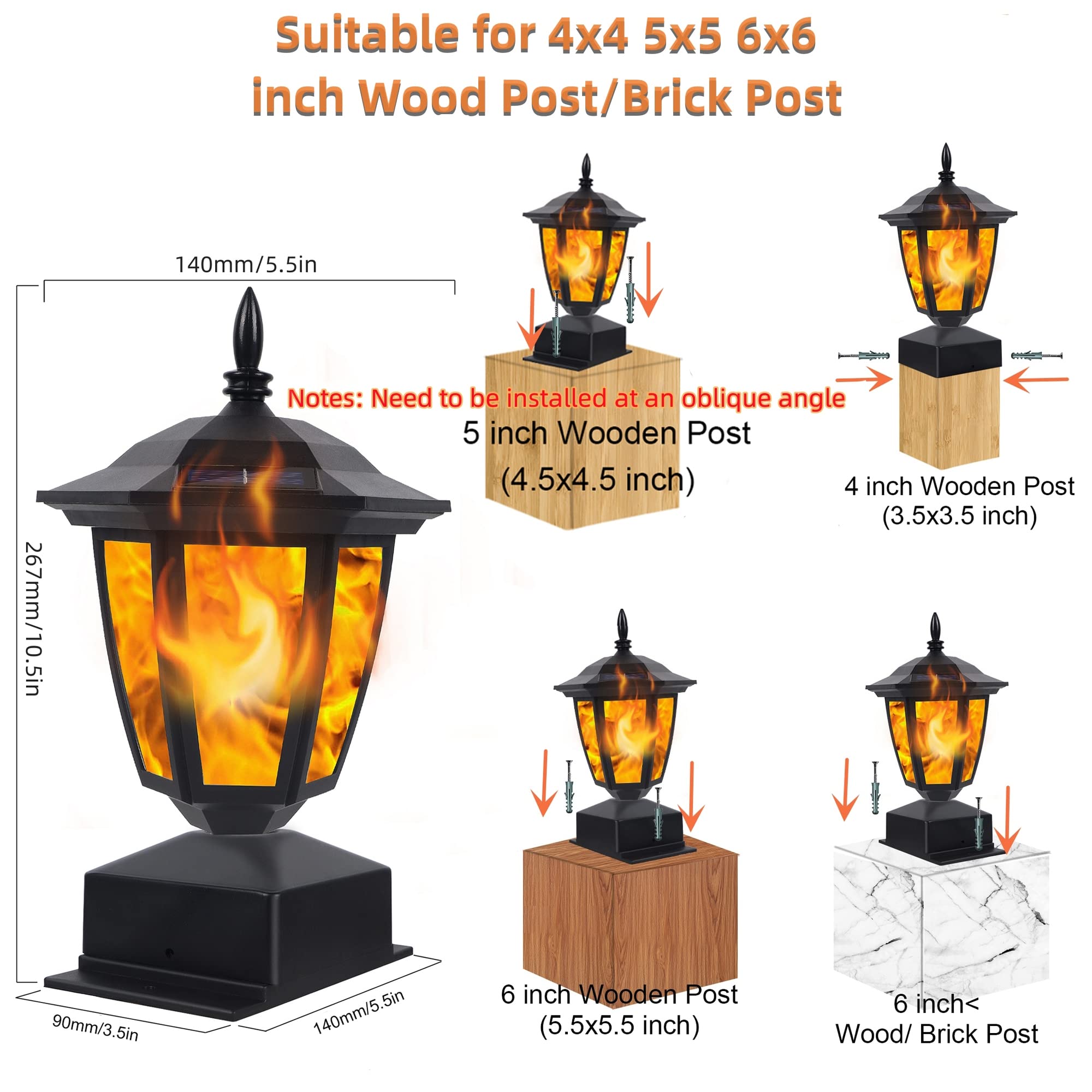 Dynaming Solar Flame Post Lights Outdoor - 6 Pack Waterproof Flickering LED Lanterns for Garden, Deck, Patio | Solar Powered Fence Post Cap Lights Fit 4x4, 5x5 or 6x6 Wooden Posts | Perfect for Pathway Lighting, Backyard Ambiance & Evening Gatherings