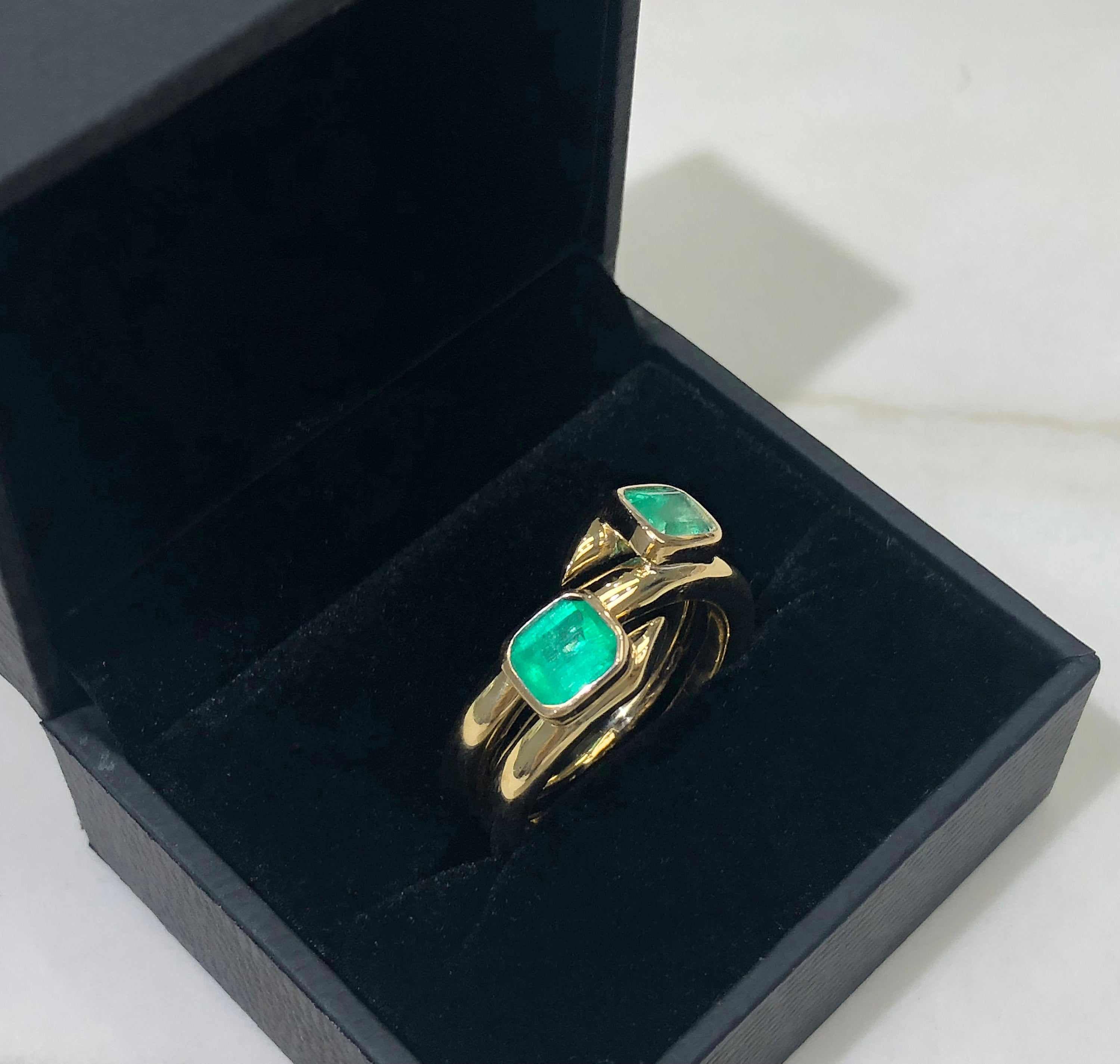 2.08tcw Toi Et Moi Double Bezel 14K Gold Cuff Ring with Natural Emerald - Elegant Statement Jewelry for Weddings, Anniversaries & Special Occasions