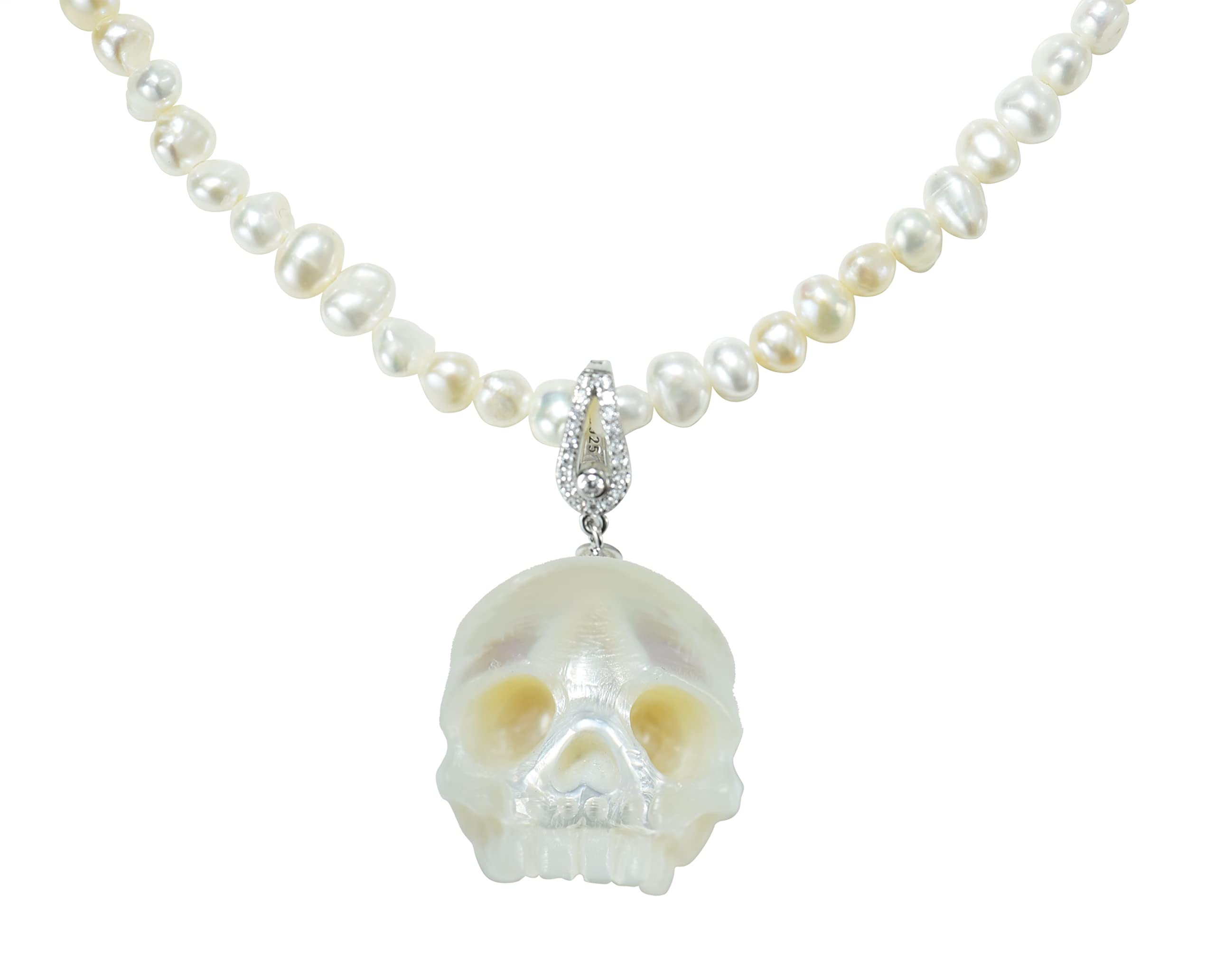 Baroque Pearl Skull Choker Necklace - Hand Carved Detachable Pendant, 14 Inch Gothic Jewelry for Women - Perfect for Halloween Costumes, Gothic Fashion & Dark Aesthetic Outfits