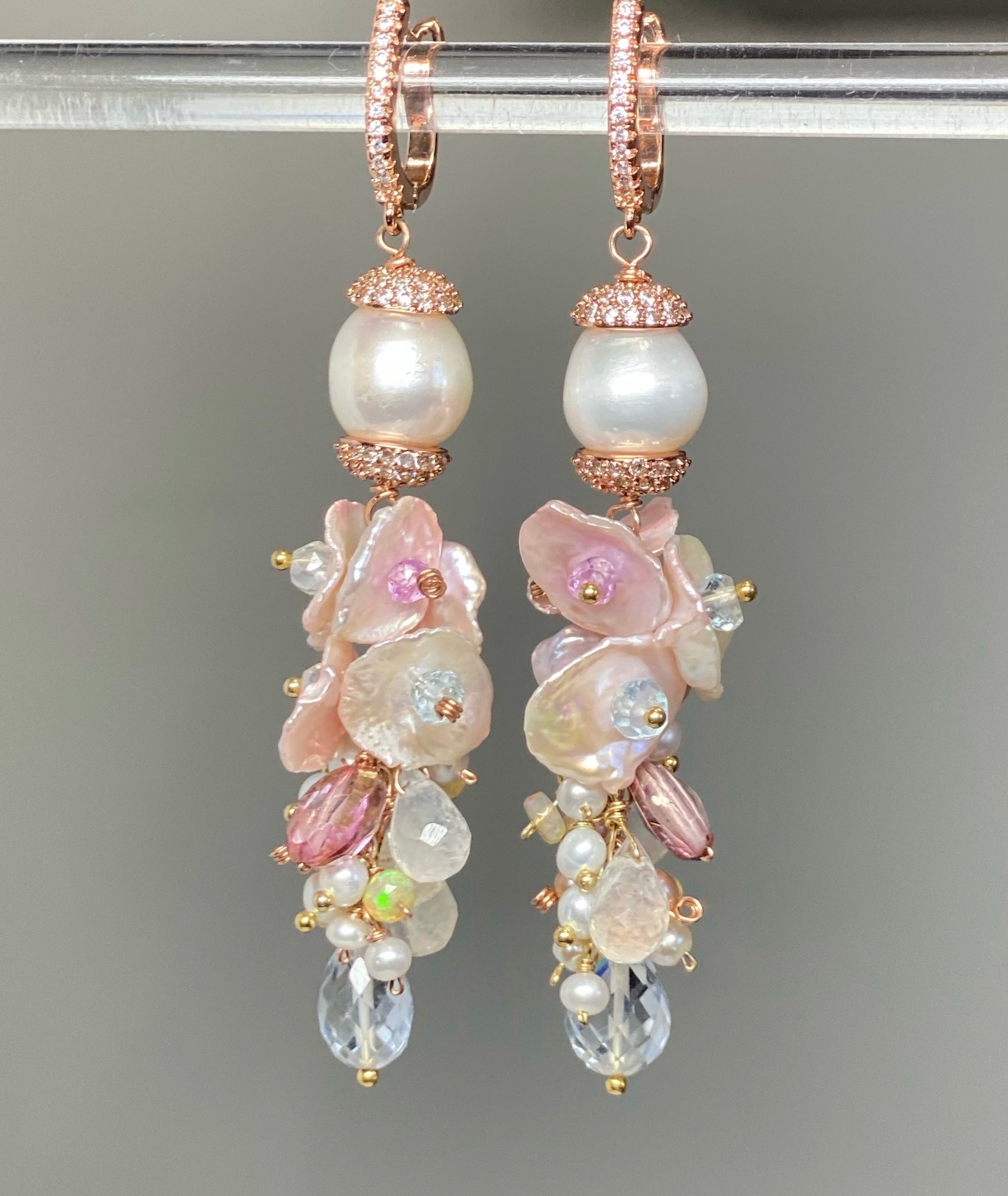 Blush Keishi Pearl & Pink Topaz Dangle Earrings in Rose Gold - Elegant Bridal Jewelry for Weddings, Prom, and Formal Events