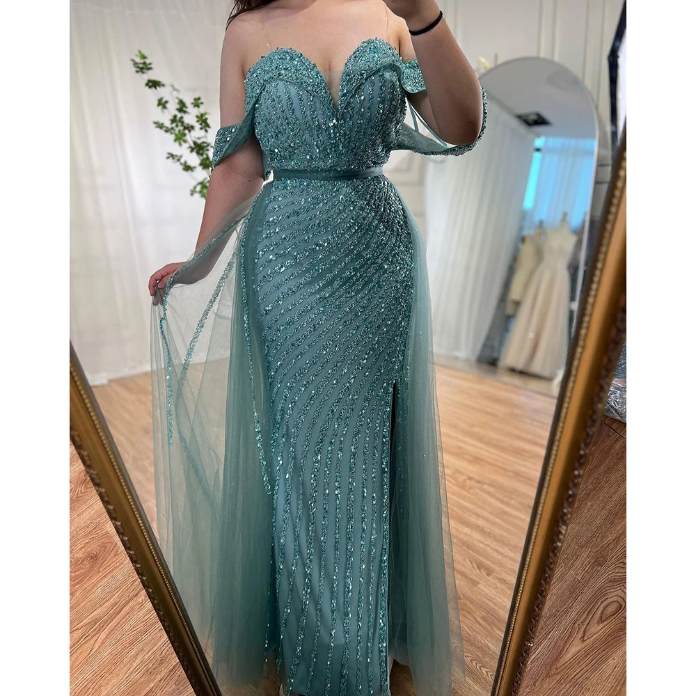 Elegant Nude Mermaid Evening Dress with Overskirt & Beaded Off-Shoulder Design for Women's Party, Prom & Special Occasions - LA71728