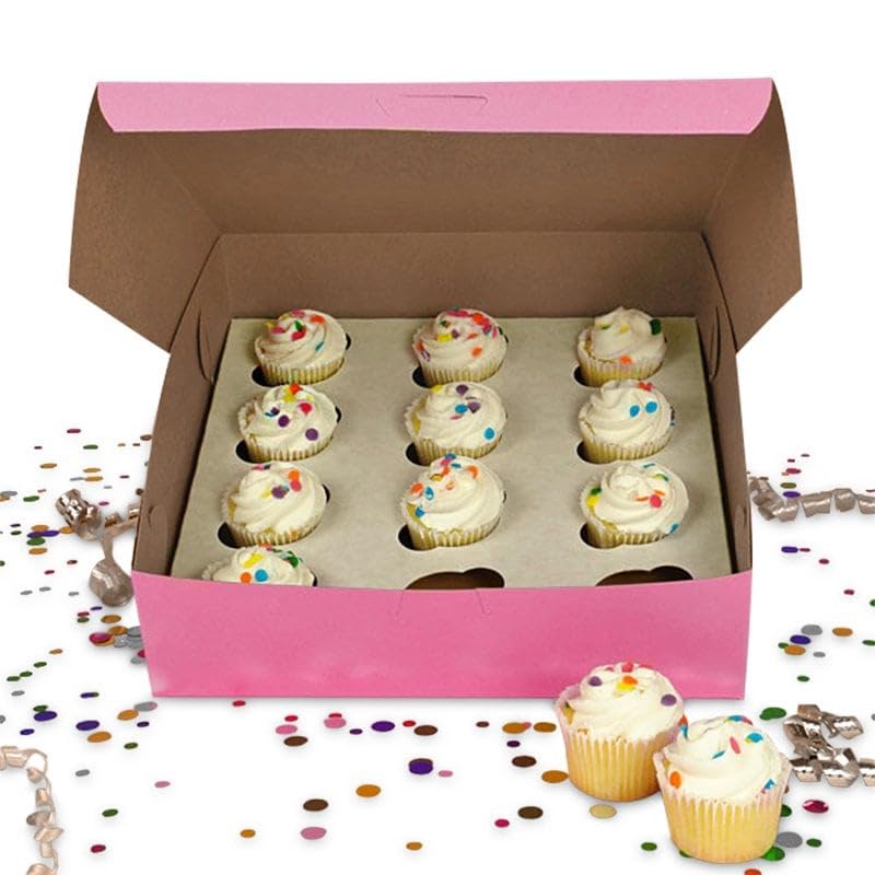Paper Mart Pink Cupcake Boxes 10x10x3 Inches - Pack of 100 | Perfect for Birthday Parties, Baby Showers & Wedding Favors