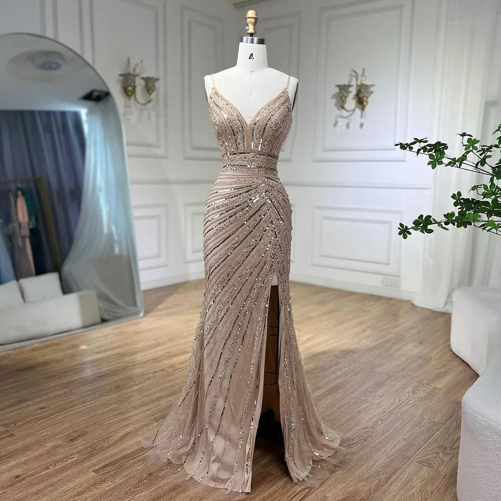 Elegant Beaded Green Spaghetti Strap Mermaid Evening Gown with High Slit for Women - 2025 Formal Party Dress LA71235 | Perfect for Prom, Wedding Guest & Cocktail Events