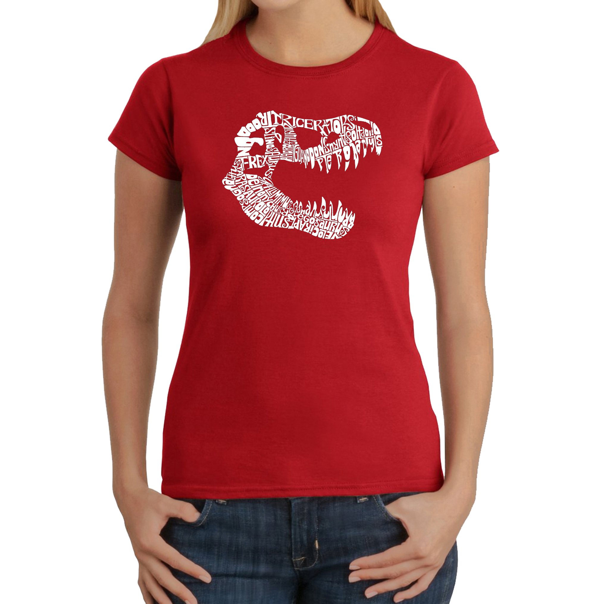 LA POP ART Women's Graphic Tee with Dinosaur Print - Funny Tyrannosaurus Rex Word Art T-Shirt for Casual Wear, Street Style & Dinosaur Lovers