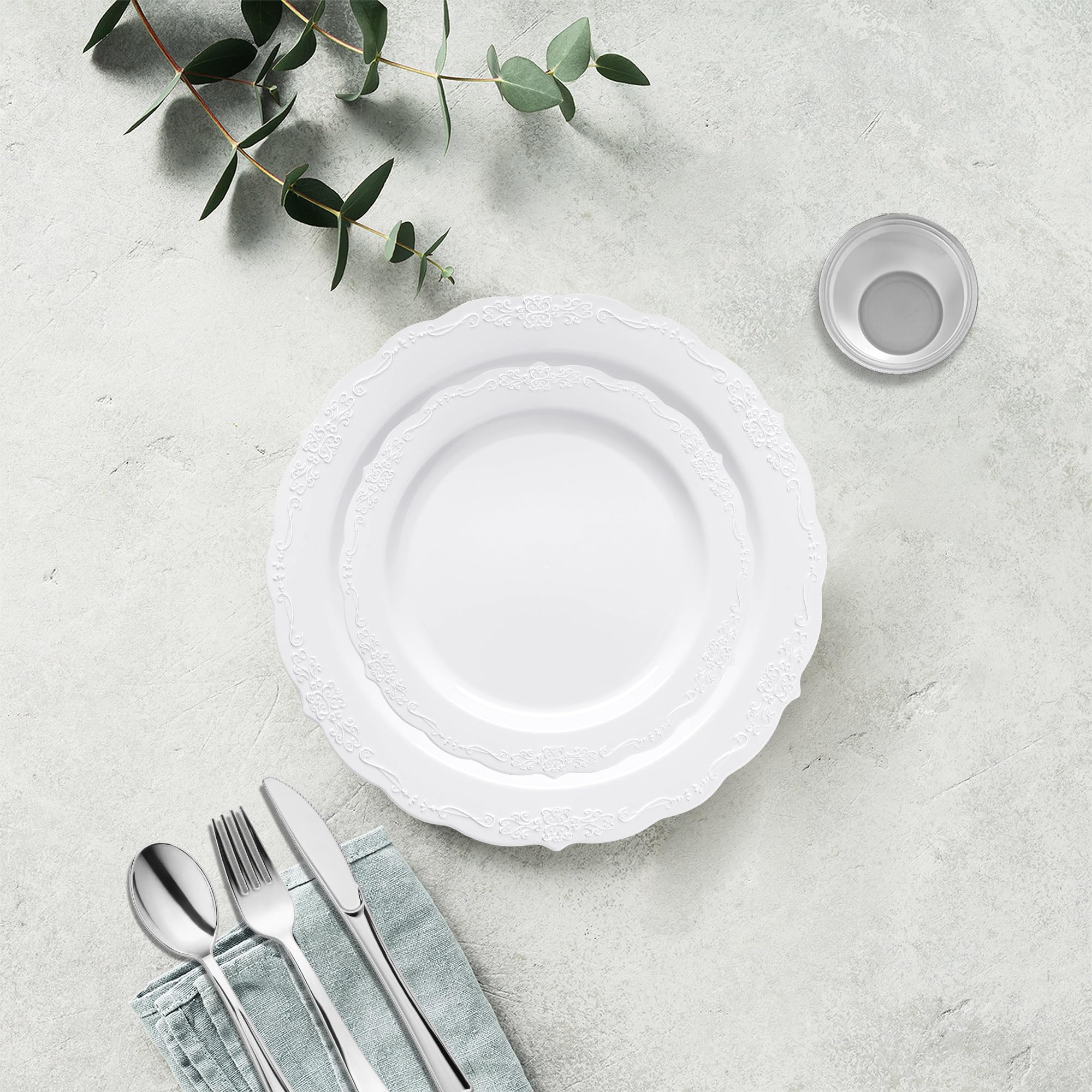 Elegant Plastic Plates Wedding Value Set for 120 Guests - White & Silver Disposable Dinnerware with Silverware & Clear Cups | Smarty Had A Party | Perfect for Weddings, Bridal Showers & Formal Events