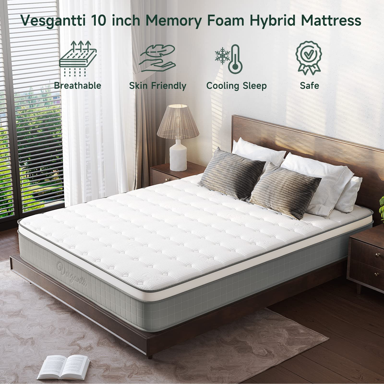Vesgantti 10 Inch Hybrid Queen Mattress - Medium Firm Innerspring with Memory Foam, Pressure Relief Pocket Coils, CertiPUR-US Certified - Perfect for Back Pain Relief & Side Sleepers | Bed in a Box for Easy Setup