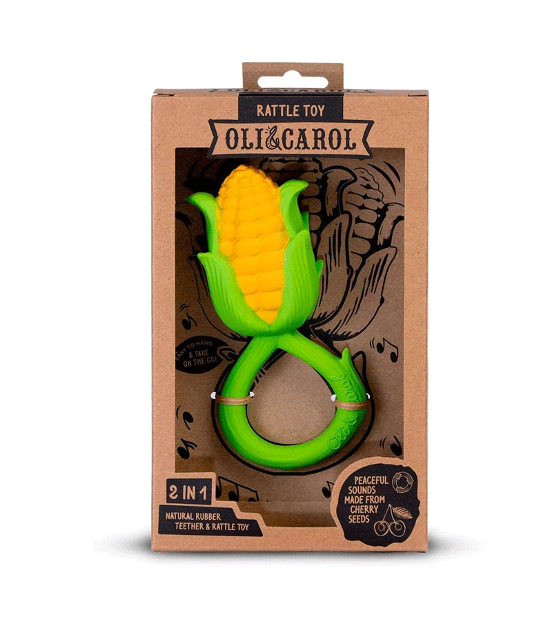 Organic Corn Baby Rattle & Teether Toy by Oli and Carol - Natural Wooden Sensory Toy for Infants 0-12 Months, Perfect for Soothing Teething Pain & Early Development Playtime at Home or On-the-Go