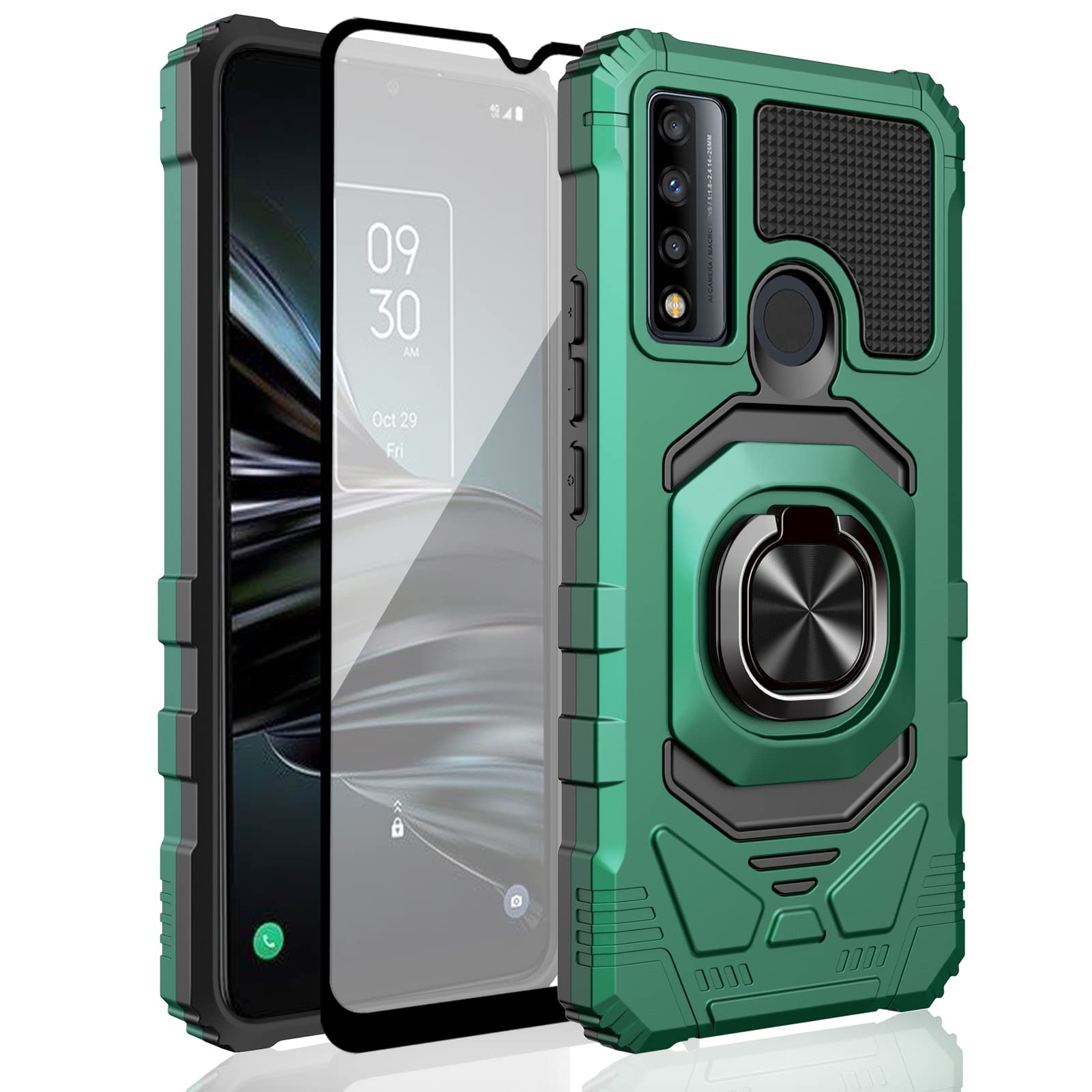Ailiber Rugged Case for TCL 30 XE 5G & TCL 20R 5G - Military Grade Shockproof Protective Cover with Built-in Ring Kickstand & Screen Protector, Compatible with Magnetic Car Mount (Green) - Perfect for Outdoor Adventures, Work & Daily Use