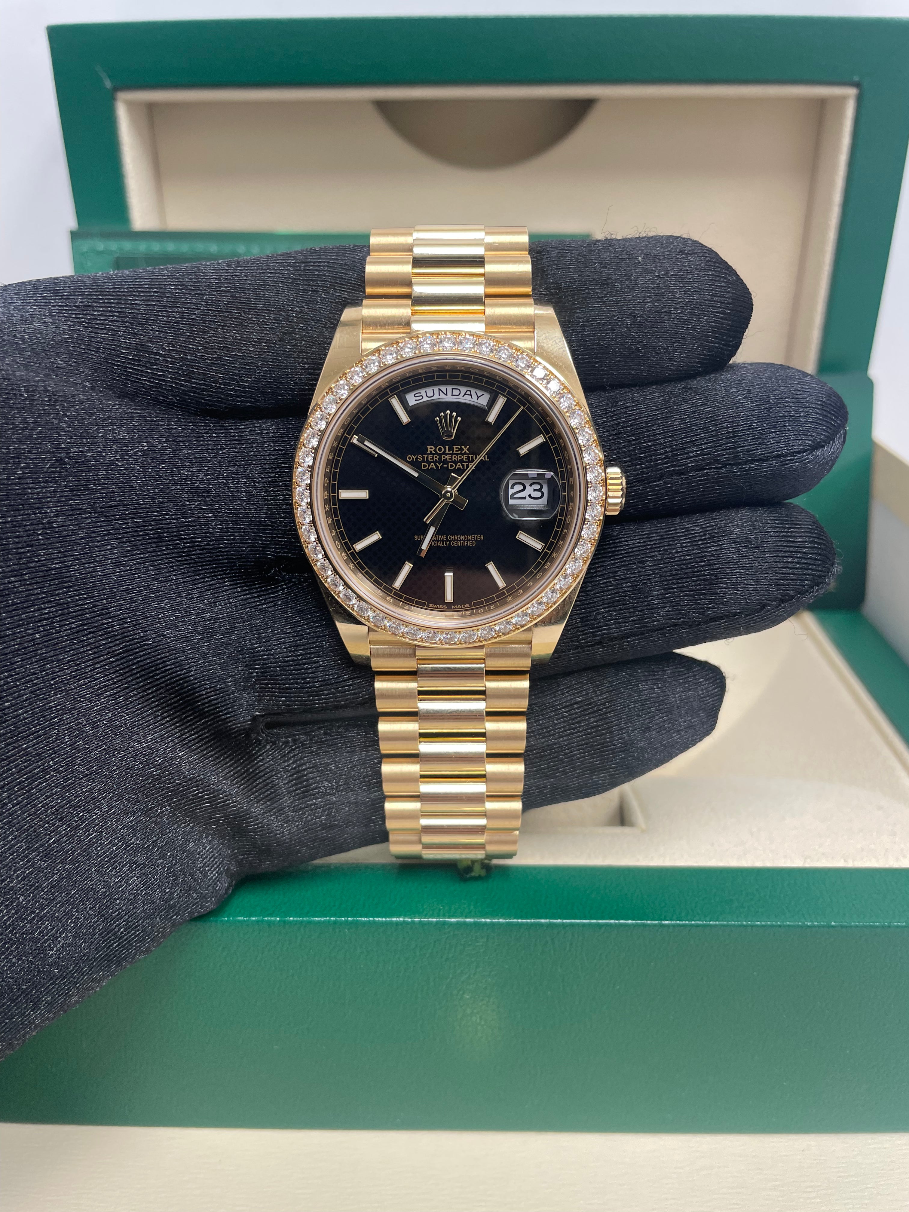 Rolex Day Date 40mm 18K Yellow Gold Men's Watch with Black Diamond Dial & Diamond Bezel, President Bracelet (Ref# 228348RBR) - Luxury Dress Watch for Business & Formal Occasions