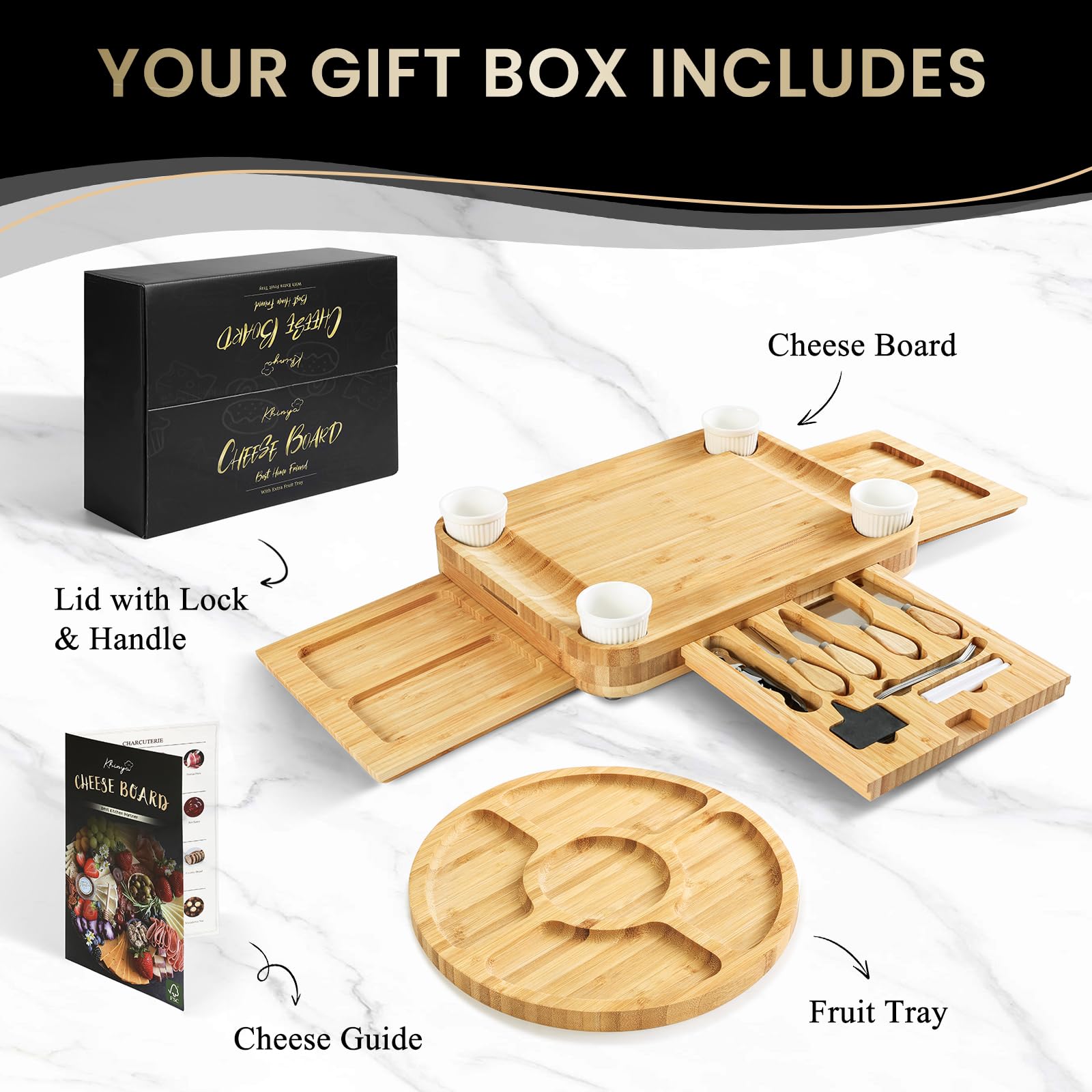 Premium Charcuterie Board Set with Lid - Elegant Cheese Serving Tray & Entertaining Platter for Parties, Housewarming Gifts, Women's Gift Ideas - 3 Drawer Cream Design with Convenient Handle (Perfect for Wine Nights, Bridal Showers & Holiday Gatherings)
