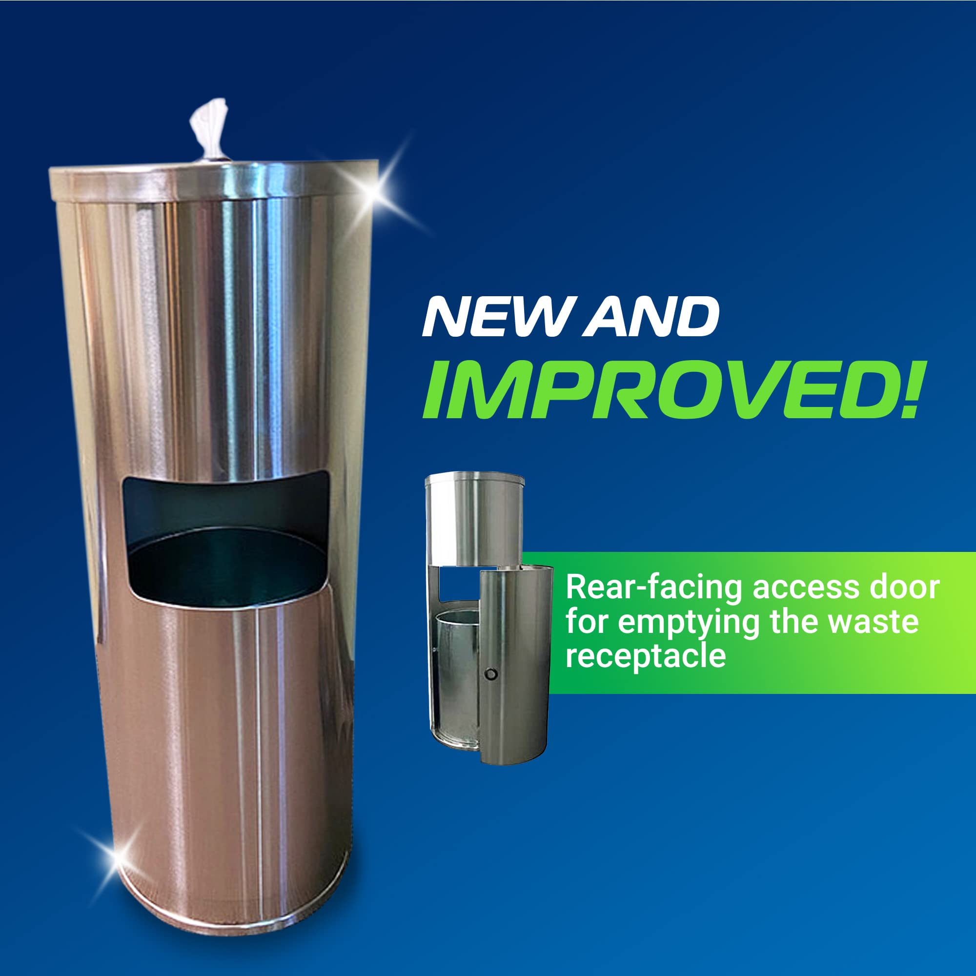 Stainless Steel Wipes Dispenser with Trash Can & Refillable Bucket - Multi-Purpose Floor Stand for Large Roll Wipes - Durable & Hygienic for Home, Office, Kitchen, Nursery & Commercial Use
