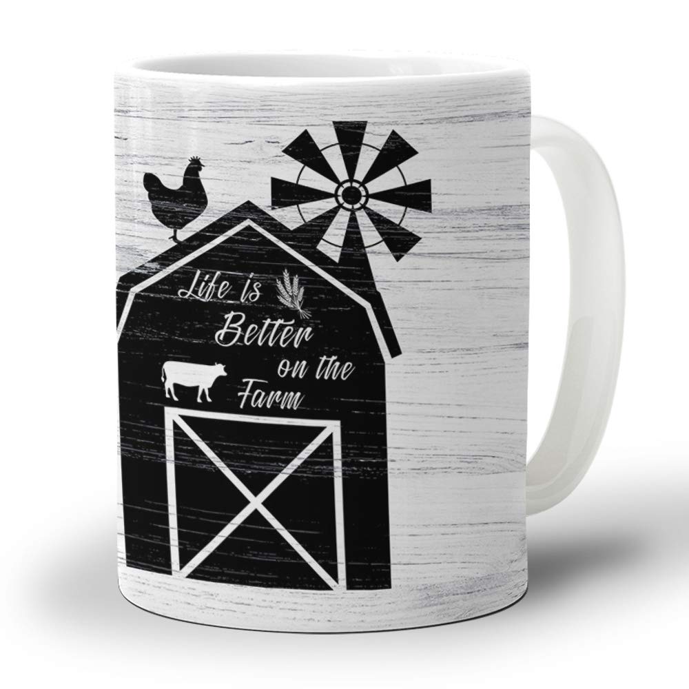 Farmhouse Style Ceramic Coffee Mug with Wood Grain & Rooster Windmill Design - 15oz Hot Chocolate, Tea, Cocoa Cup for Office, Home - Dishwasher & Microwave Safe - Perfect for Morning Coffee, Gifts, and Cozy Home Decor